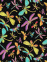 Colorful metallic dragonflies in turquoise, lavender, coral, lime, and gold scattered across a black cotton quilting fabric by Timeless Treasures.