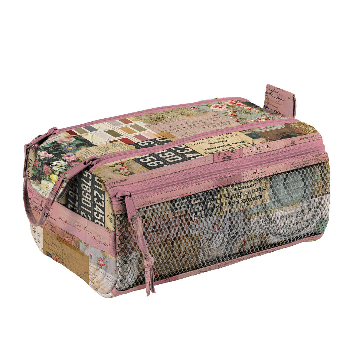 Double zip project bag sewn with Tim Holtz Palette Multi Ephemera Canvas showcasing the fabric's vintage collage print for sewing and travel organizers.