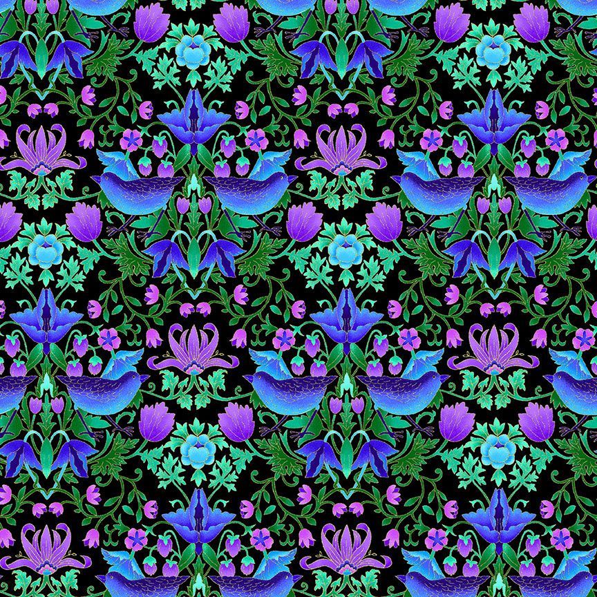 Luminous - Floral With Birds Metallic - Timeless Treasures