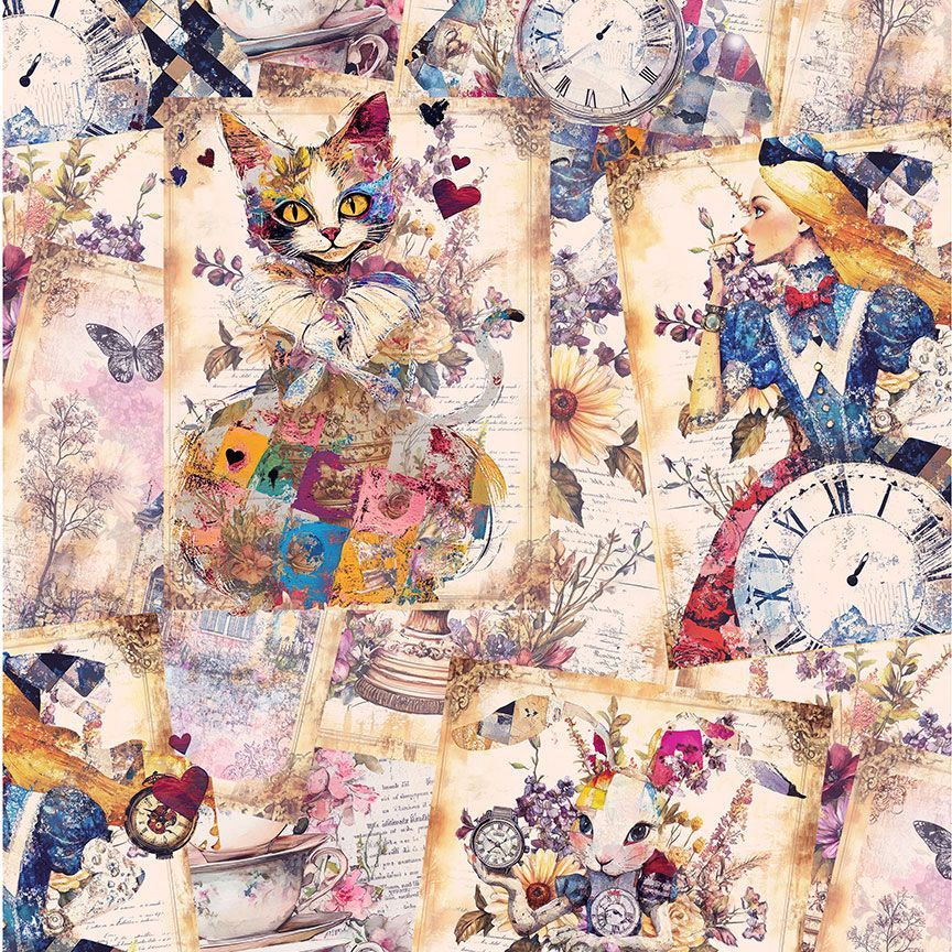 Whimsical collage cotton fabric with storybook characters cat girl clocks and florals