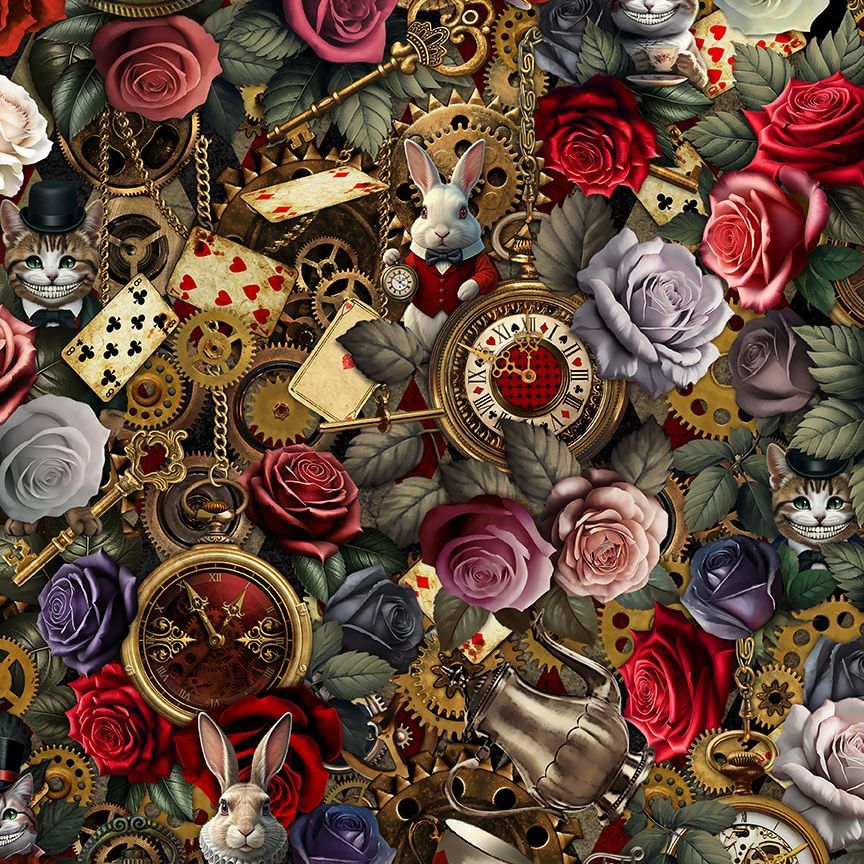 Whimsical wonderland cotton fabric with rabbits clocks roses and vintage collage design
