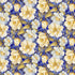 Lumiere Night Floral Field fabric by Timeless Treasures featuring large cream and white flowers with golden centers and muted green foliage on a rich blue background.
