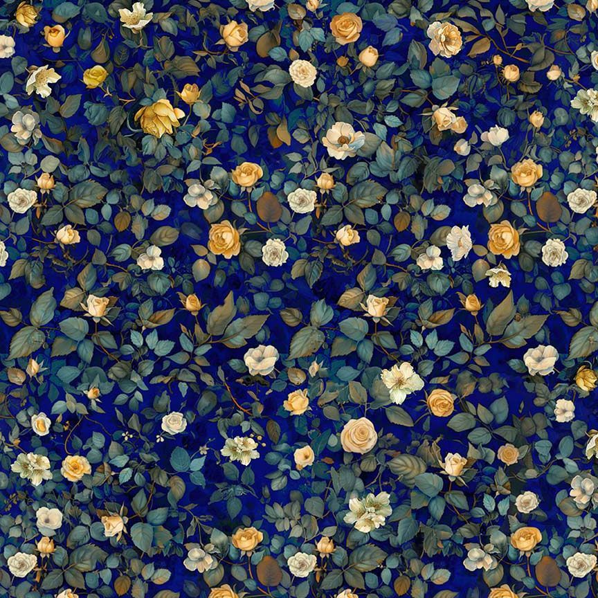 Lumiere Mini Roses & Leaves fabric by Timeless Treasures featuring small cream and gold roses, buds, and muted green leaves on a rich sapphire blue background.