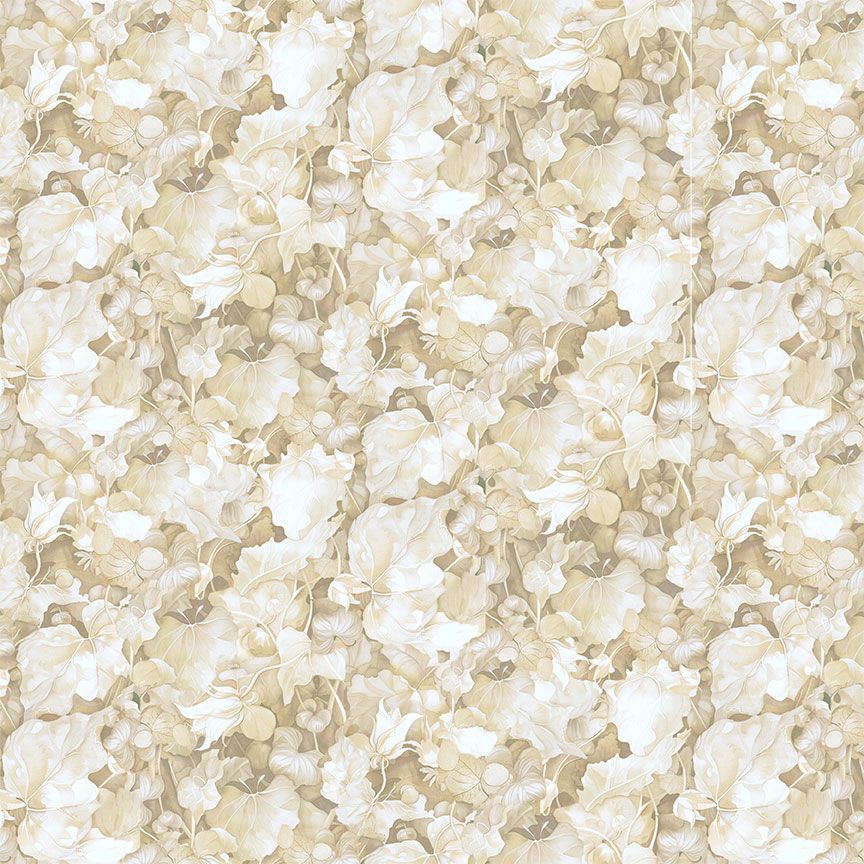 Lumiere Packed Leaves Ecru fabric by Timeless Treasures featuring layered cream, ivory, beige, and ecru leaves and floral botanical details.