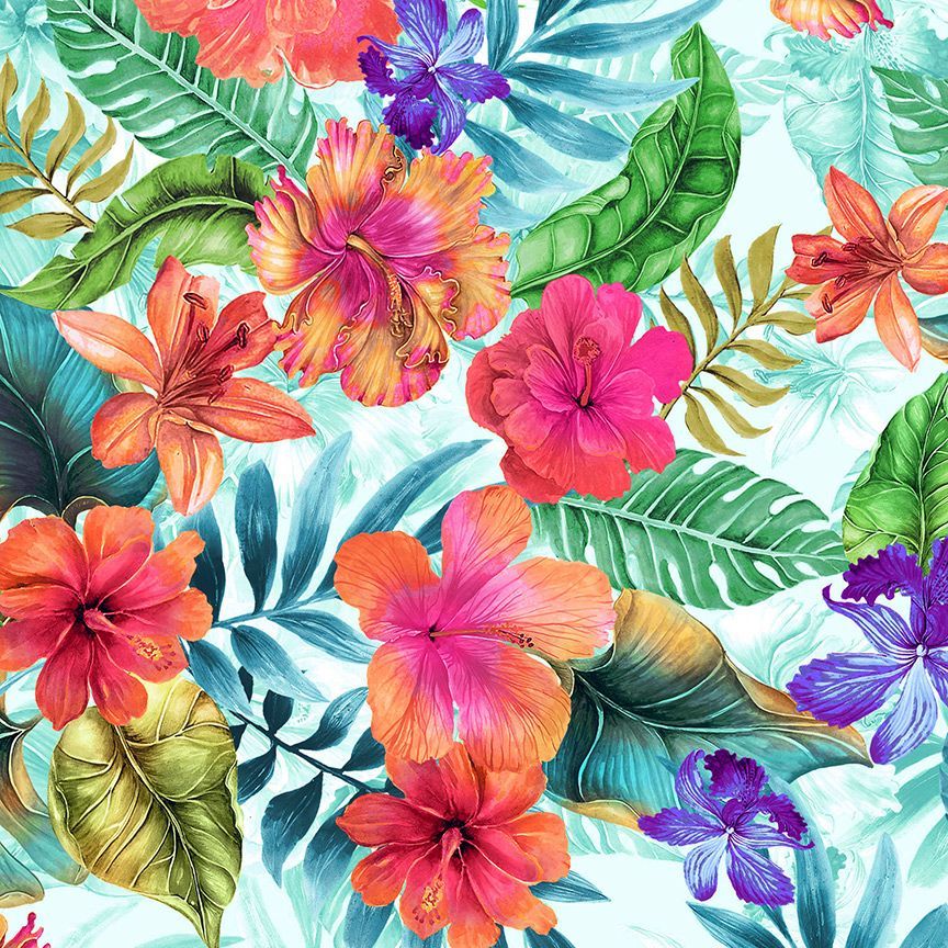 Tropical cotton fabric with colorful hibiscus flowers and green leaves on aqua background