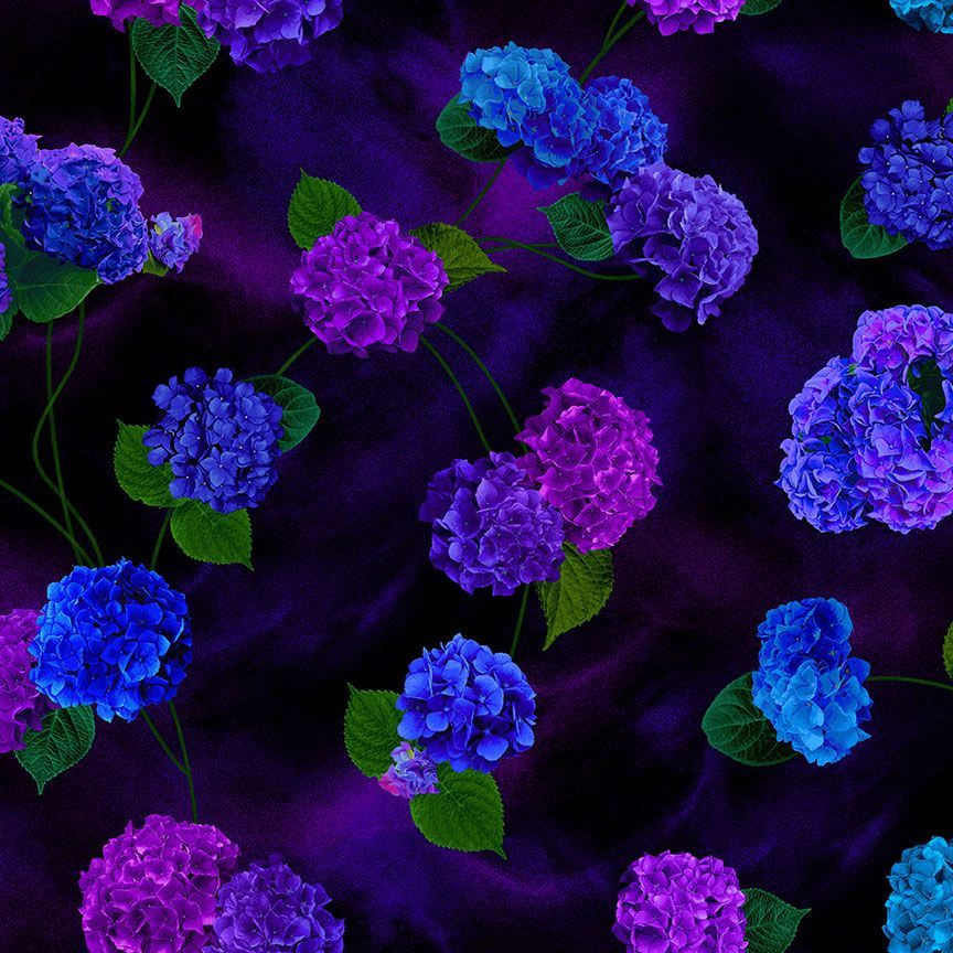 Midnight Bloom - Tossed Hydrangea Yardage