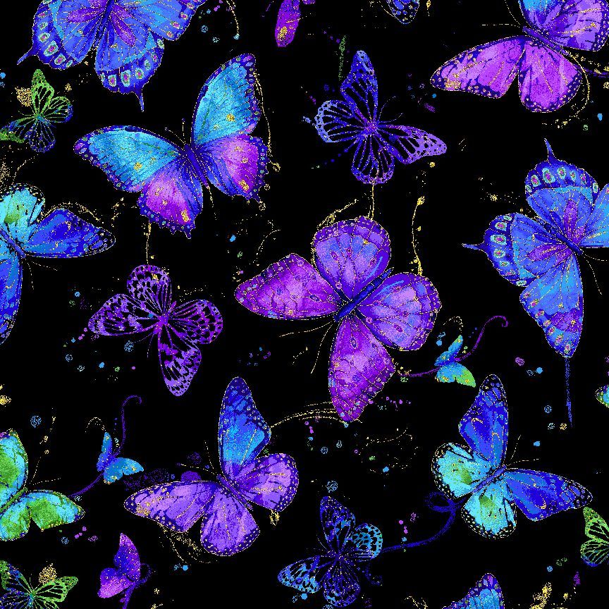 Evening Glow Flying Butterflies metallic cotton fabric by Chong-A Hwang featuring blue, purple, and teal butterflies with shimmering gold metallic accents on a black background.