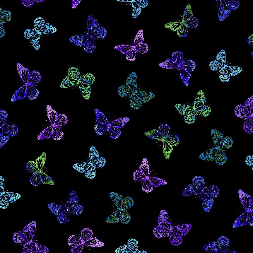 Evening Glow Tossed Butterflies metallic cotton fabric by Chong-A Hwang featuring blue, purple, teal, and green butterflies with shimmering gold metallic accents on a black background.