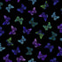 Evening Glow Tossed Butterflies metallic cotton fabric by Chong-A Hwang featuring blue, purple, teal, and green butterflies with shimmering gold metallic accents on a black background.