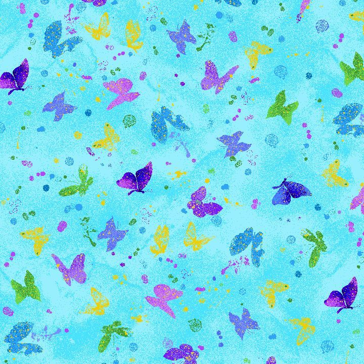 Evening Glow Butterflies in the Winds metallic cotton fabric by Chong-A Hwang featuring colorful butterflies with shimmering gold metallic accents on a soft sky blue watercolor background.