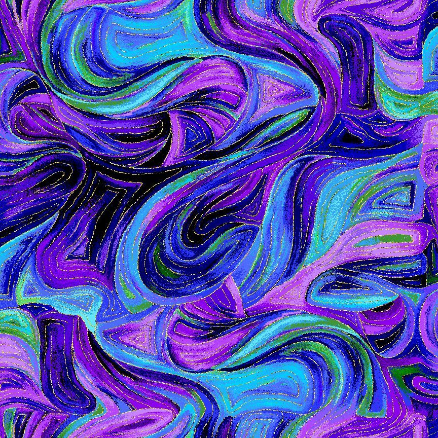 Evening Glow Butterfly Swirls metallic cotton fabric by Chong-A Hwang featuring abstract purple, blue, teal, and green swirls with shimmering metallic gold accents.