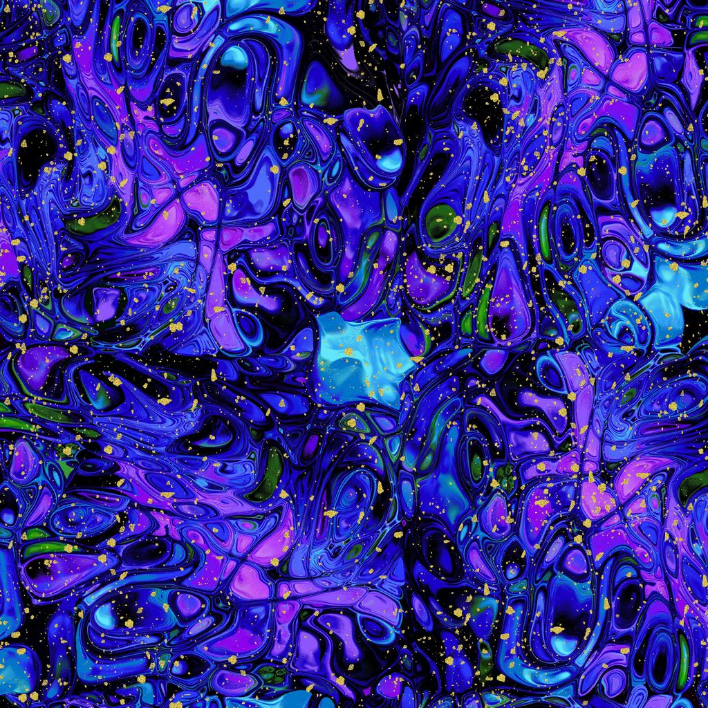 Evening Glow Butterfly Marble metallic cotton fabric by Chong-A Hwang featuring abstract swirling marble textures in purple, blue, turquoise, black, and shimmering gold metallic accents.