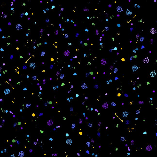 Evening Glow Paint Splash Dots metallic cotton fabric by Chong-A Hwang featuring colorful paint splashes, vibrant dots, and metallic gold accents on a black background.