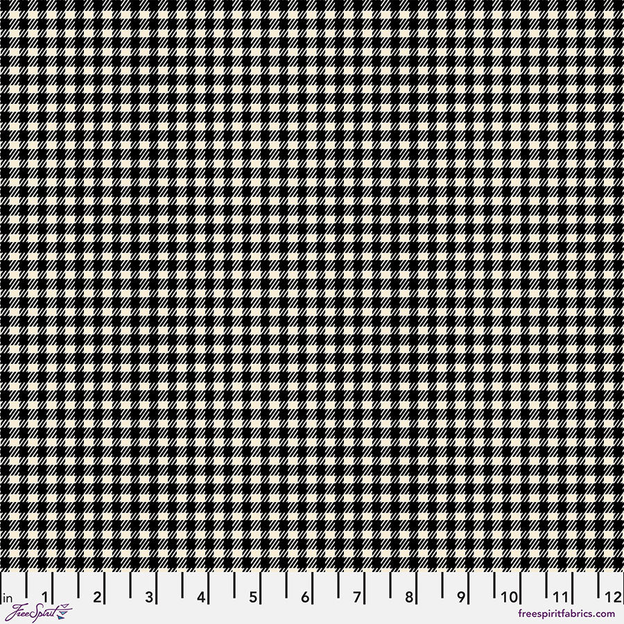 Holidays Past Gingham Black Flannel Fabric by Tim Holtz featuring a classic black and cream gingham check pattern on soft cotton flannel.