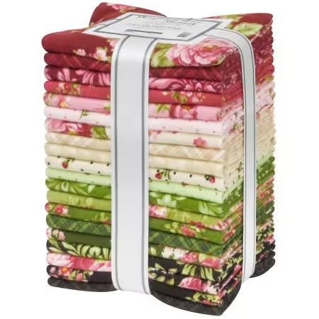 Bouquet of Roses Flannel Fat Quarter Bundle by A Flowerhouse Collection for Robert Kaufman featuring 20 coordinating floral flannel fat quarters in burgundy, pink, ivory, green, and charcoal tones.