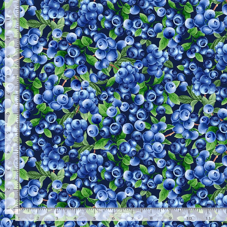 Blueberry Delight - Blueberries Bush Fabric by Timeless Treasures featuring realistic blueberries with green leaves on a navy background.