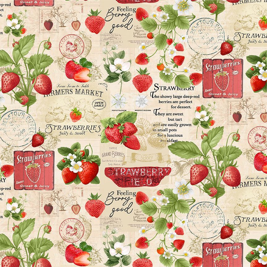 Berry Sweet Strawberries Market Collage Beige Fabric by Timeless Treasures – digitally printed red strawberry and market text design on beige cotton