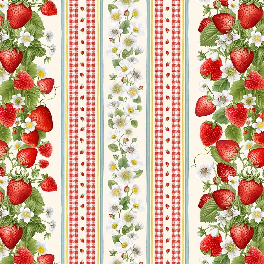 Berry Sweet Sweet Berry 11 Inch Stripe Fabric by Timeless Treasures – digitally printed red strawberries and stripe repeat on white cotton background