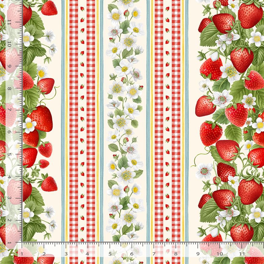 Berry Sweet Sweet Berry 11 Inch Stripe Fabric by Timeless Treasures – digitally printed red strawberries and stripe repeat on white cotton background