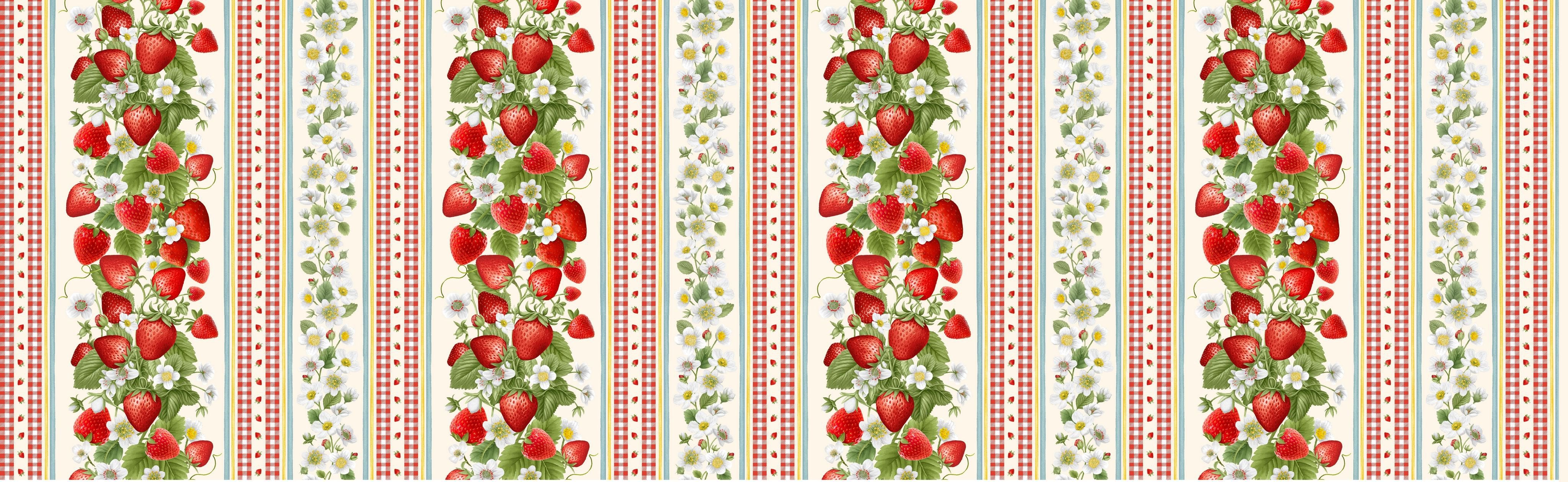 Berry Sweet Sweet Berry 11 Inch Stripe Fabric by Timeless Treasures – digitally printed red strawberries and stripe repeat on white cotton background