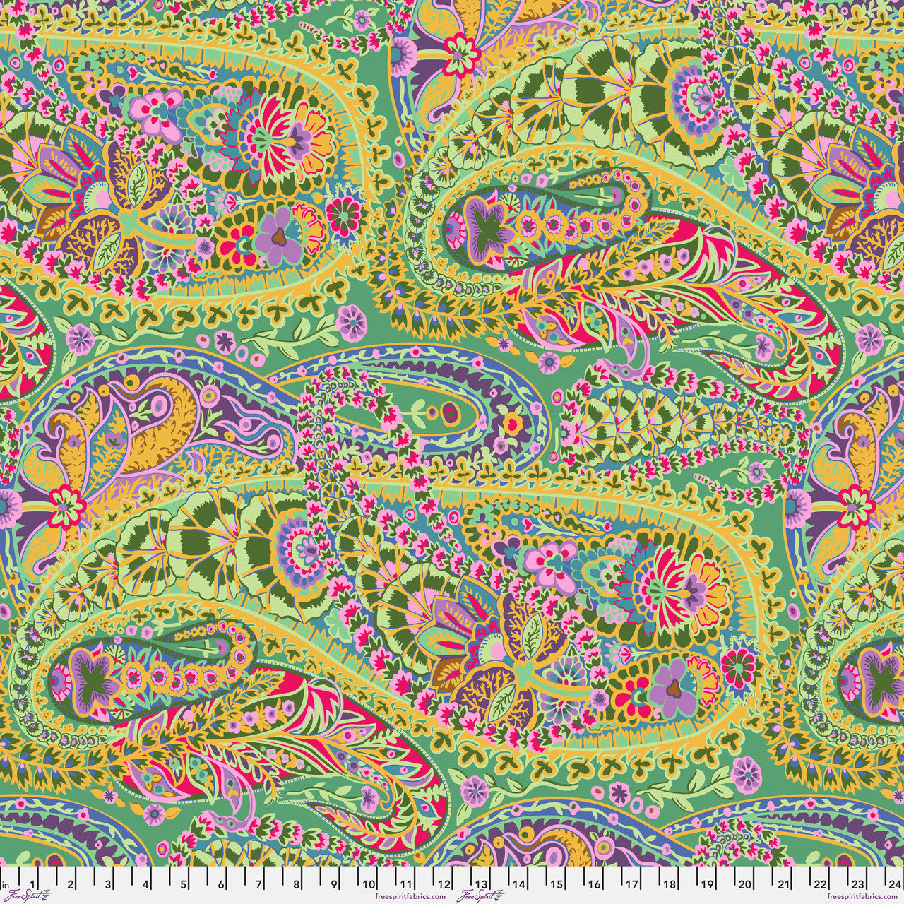 Kaffe Fassett Paisley Jungle Green fabric by Philip Jacobs featuring colorful paisley floral design