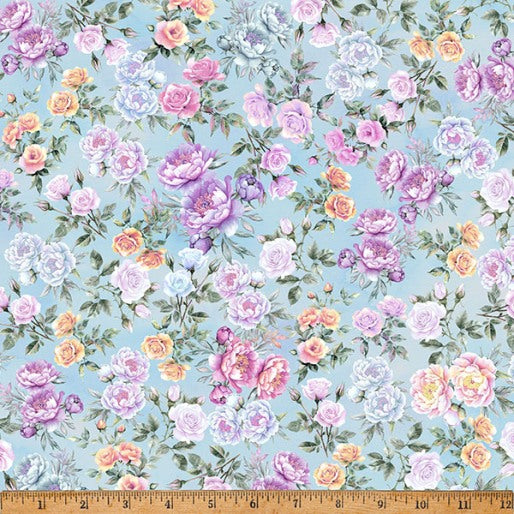 Soiree Floral Hyacinth digital print fabric by Hoffman Fabrics featuring lavender, pink, peach, cream, and white roses and peonies on a soft hyacinth blue background.