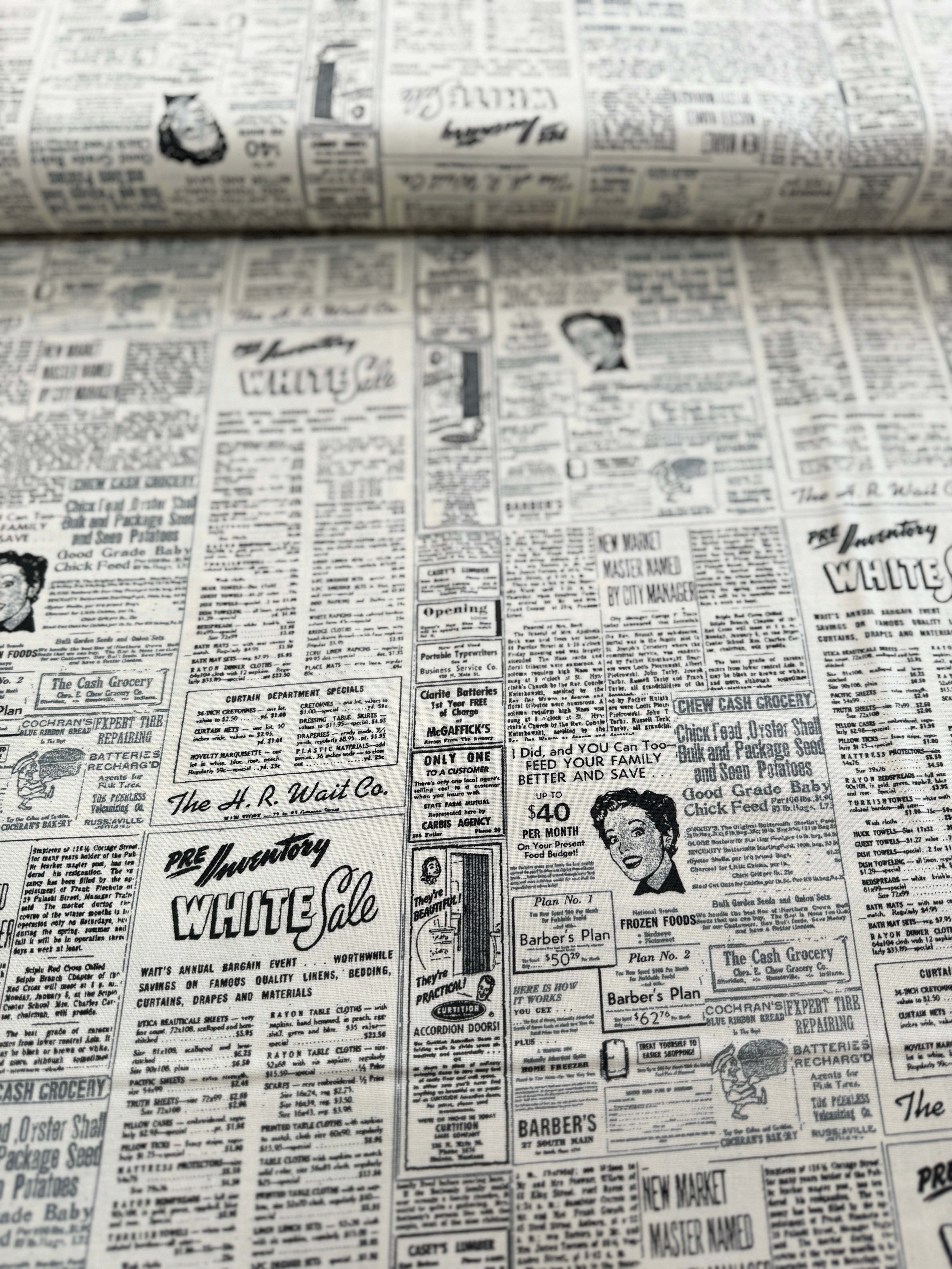 Modern Background Paper - Newsprint Cream Black Yardage