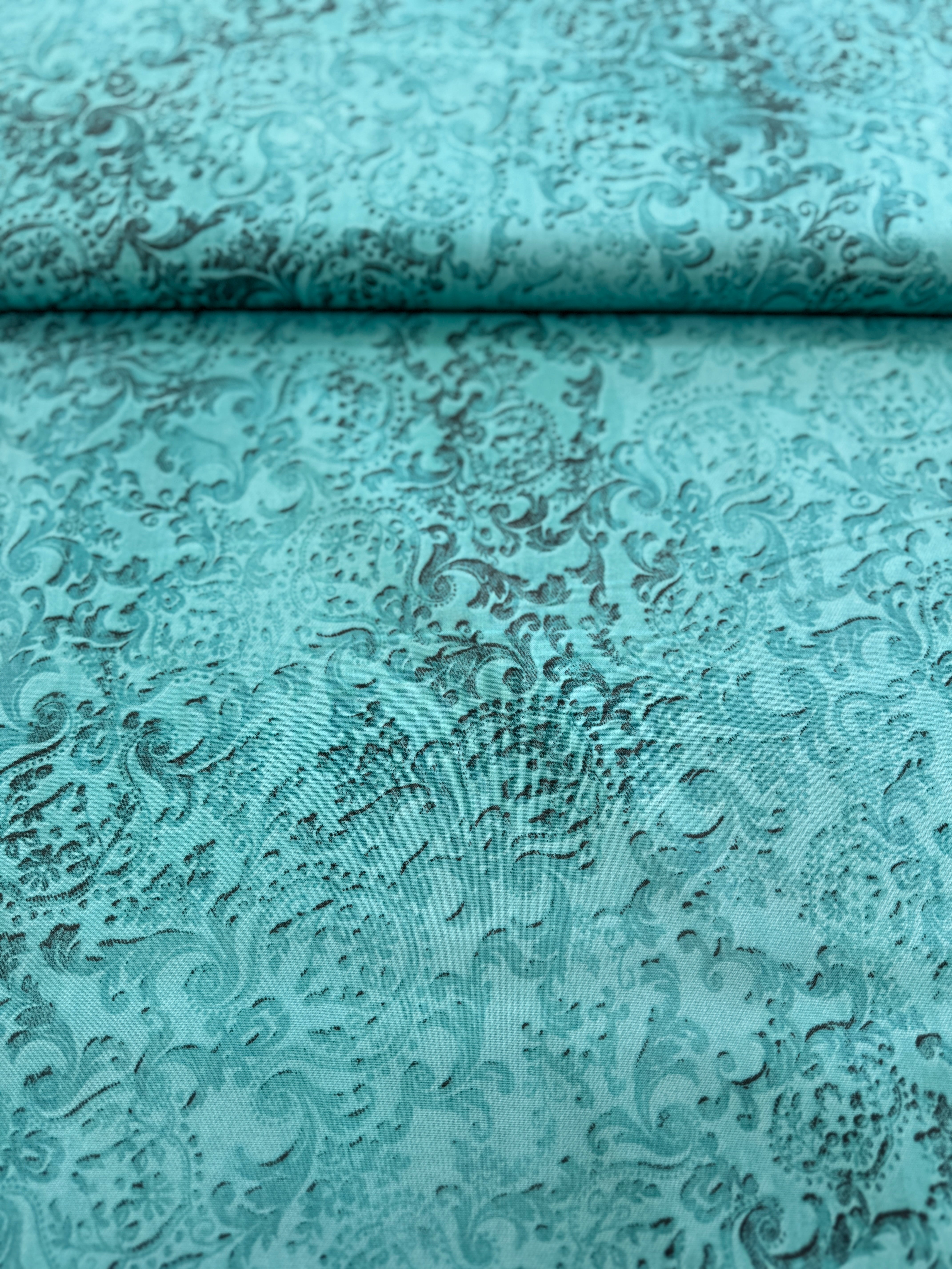 Embossed Scroll Teal Yardage