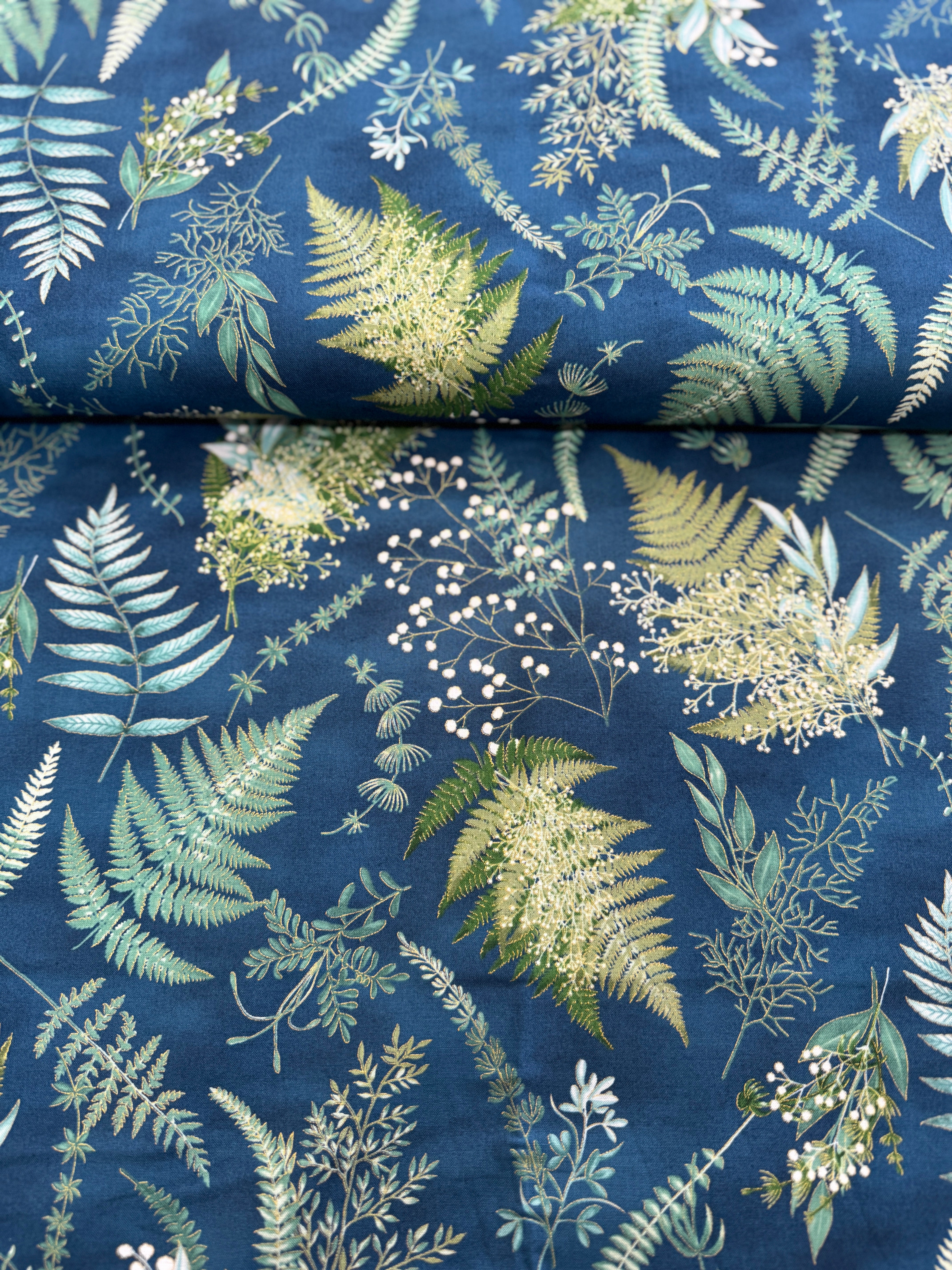Chickadee Cheer - Ferns Deep Blue/Gold Metallic Yardage