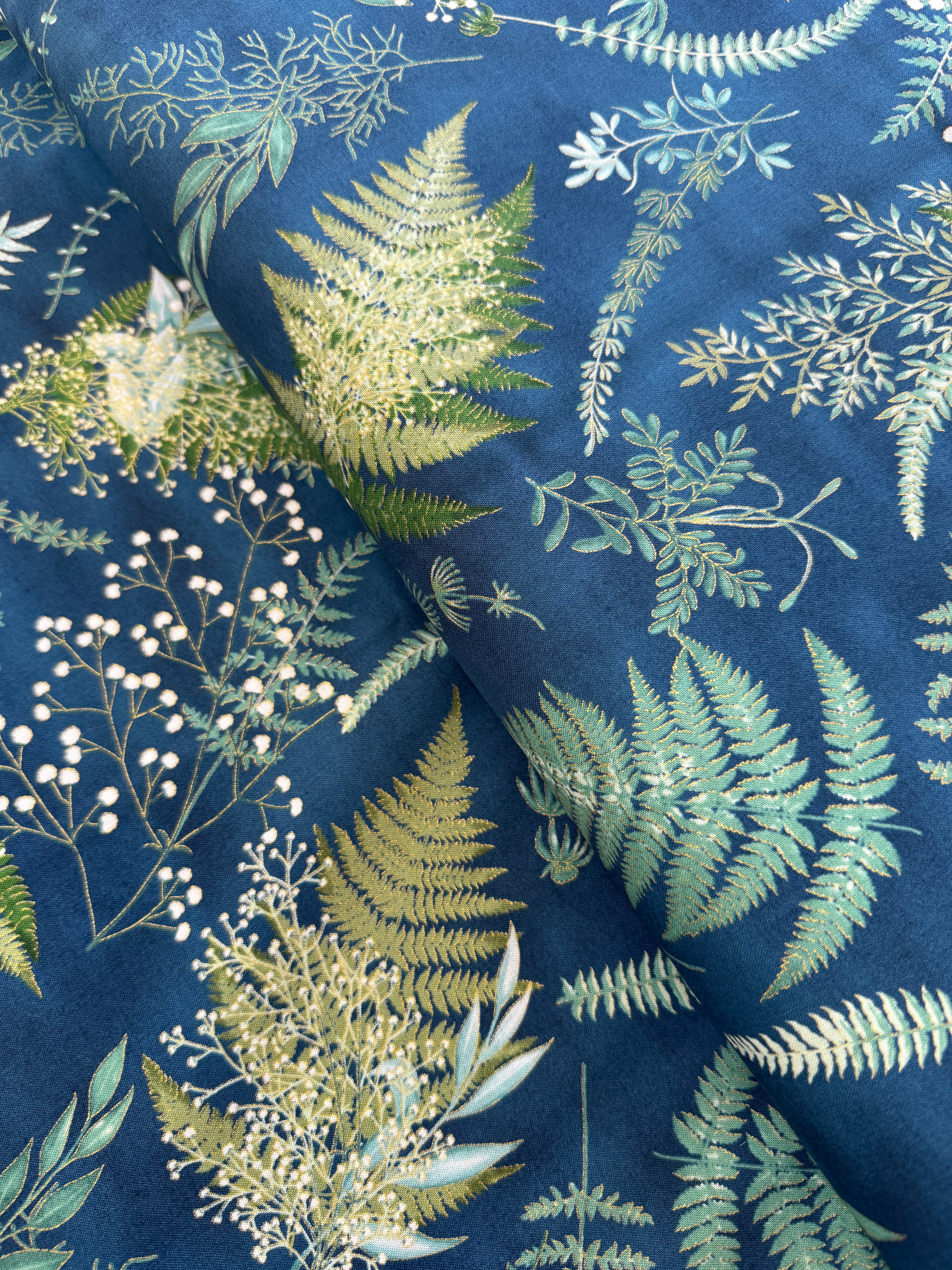 Chickadee Cheer - Ferns Deep Blue/Gold Metallic Yardage