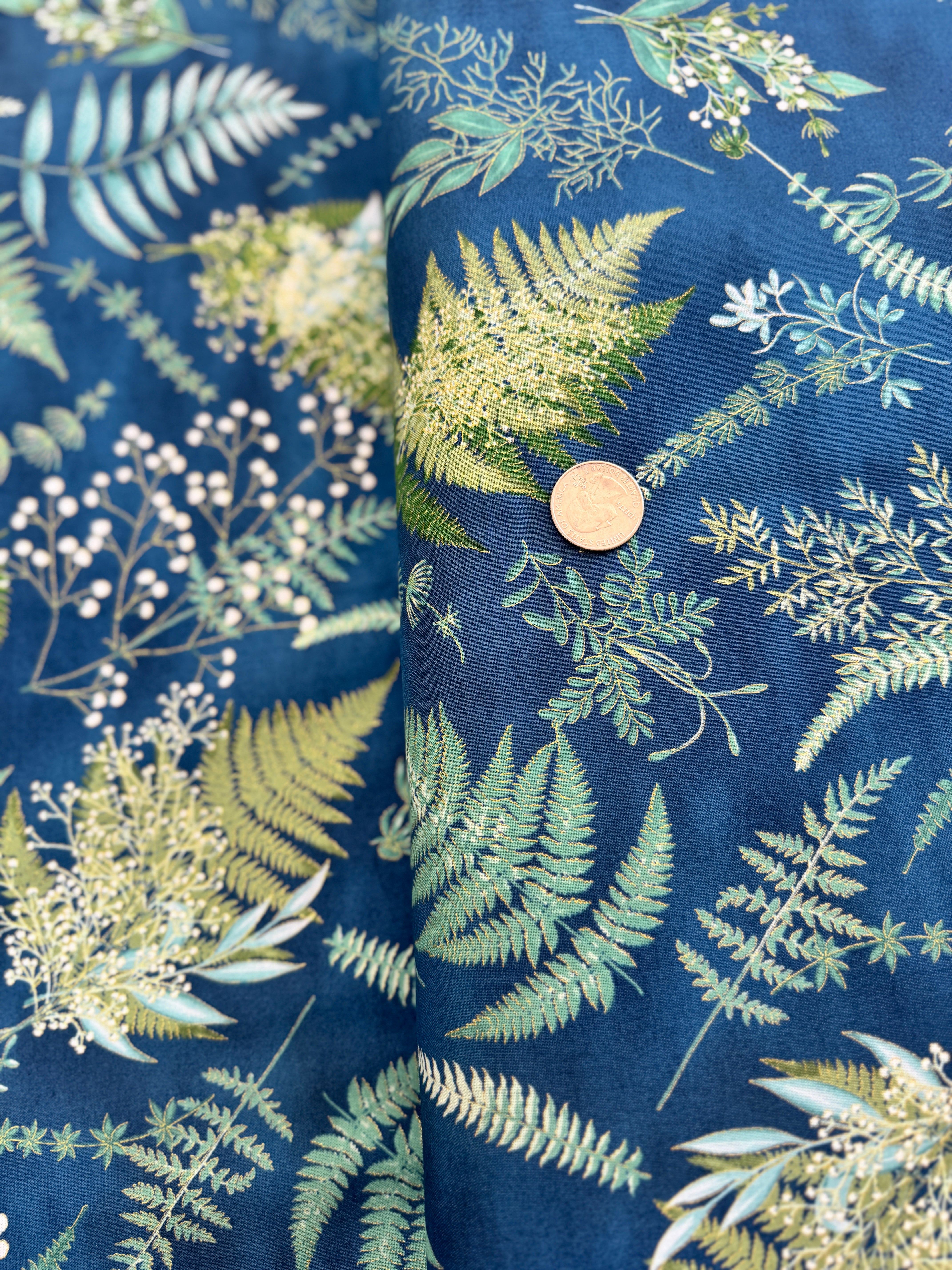 Chickadee Cheer - Ferns Deep Blue/Gold Metallic Yardage