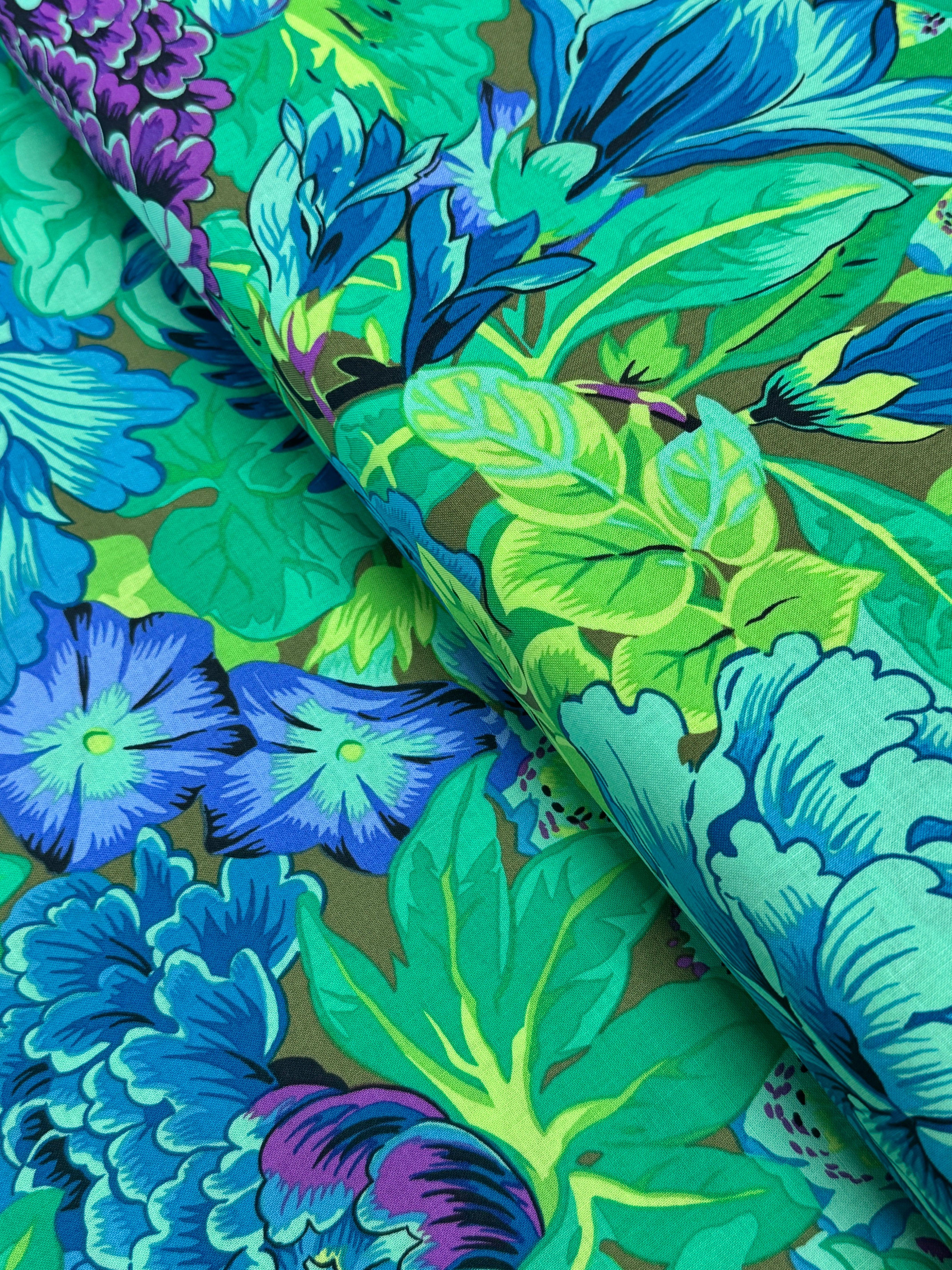 Lavinia Green fabric by Philip Jacobs for the Kaffe Fassett Collective, bold floral cotton quilting fabric with lush green leaves and botanical details.