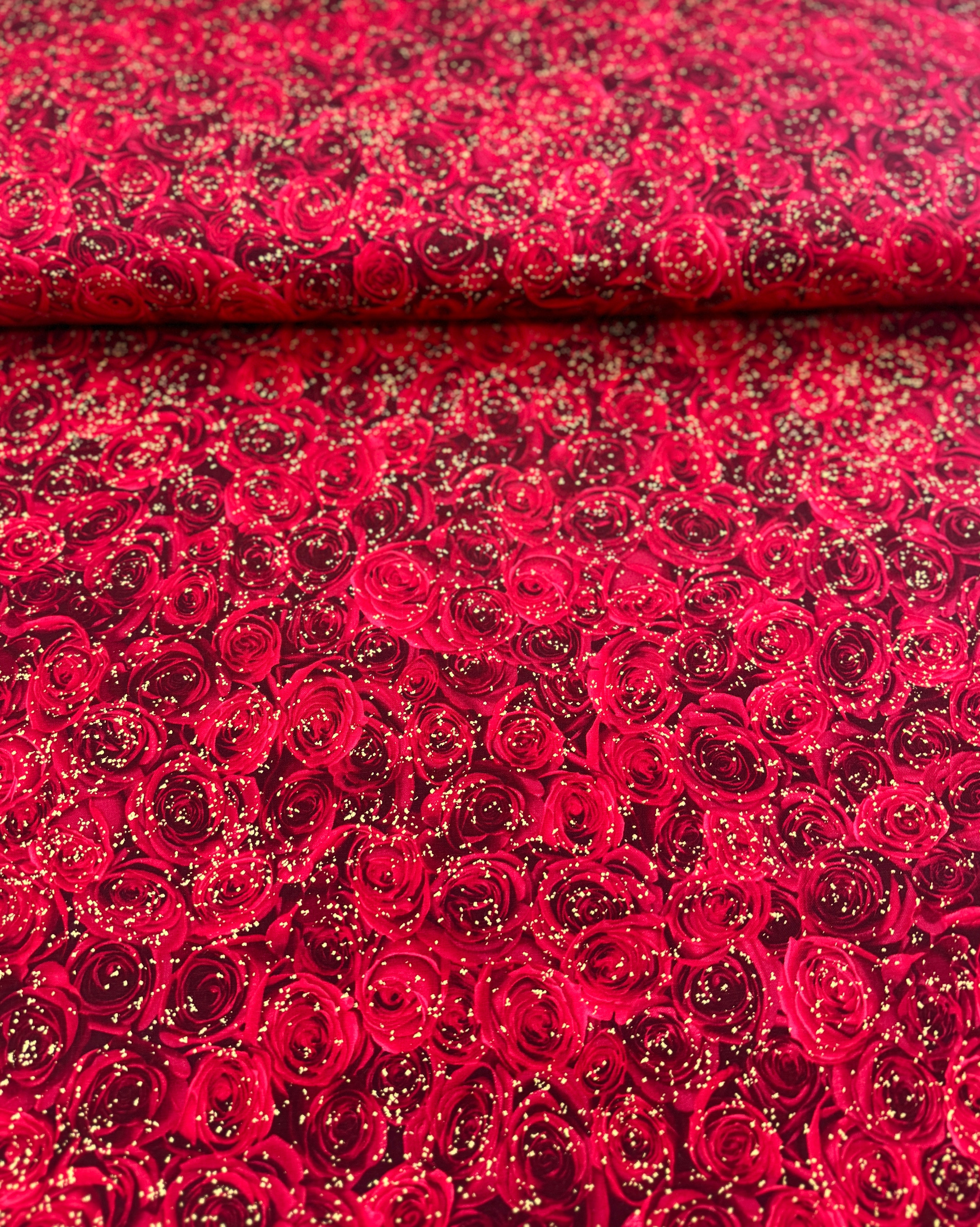 Gilded Rose - Packed Gilded Red Metallic Roses Yardage
