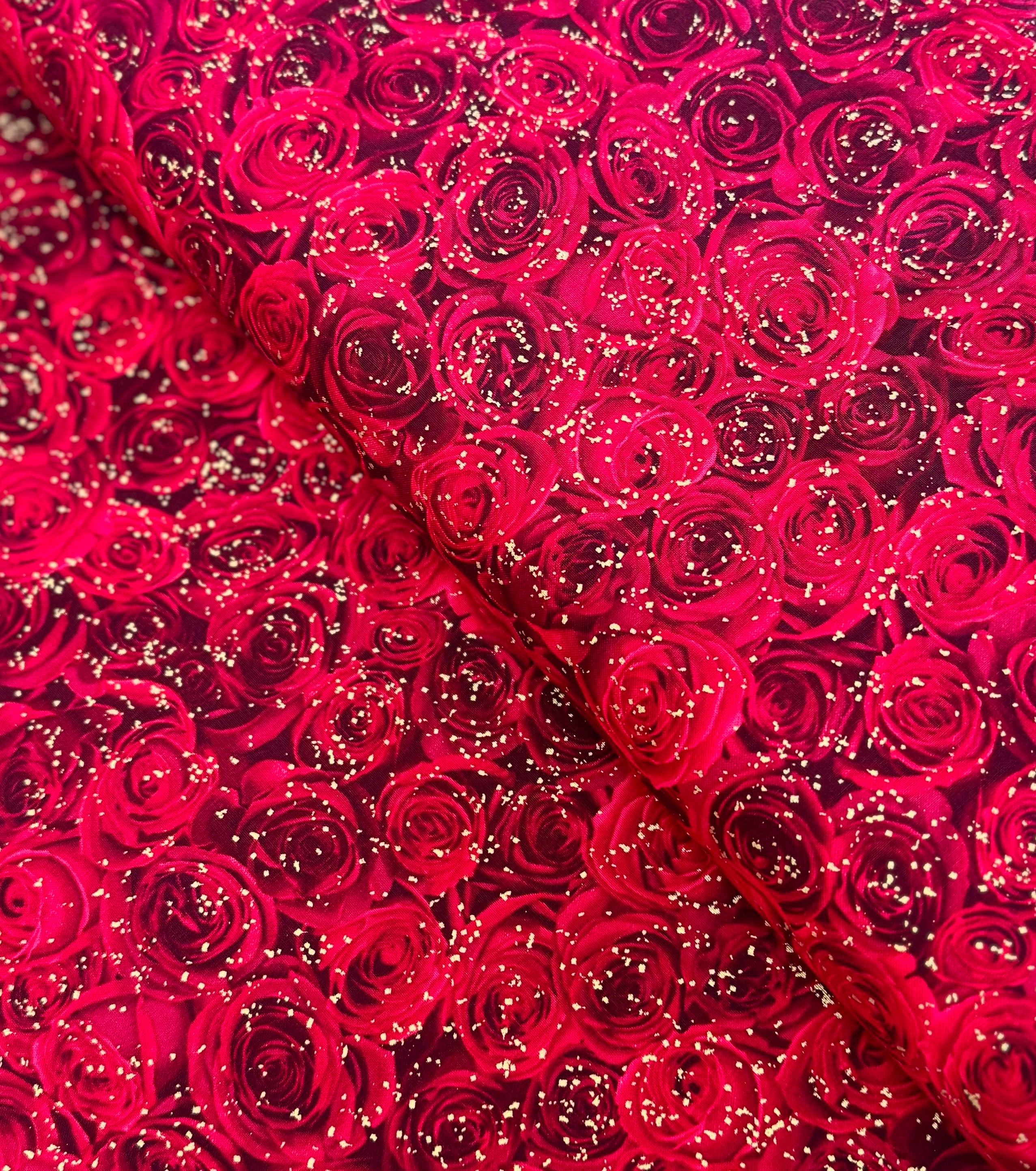 Gilded Rose - Packed Gilded Red Metallic Roses Yardage