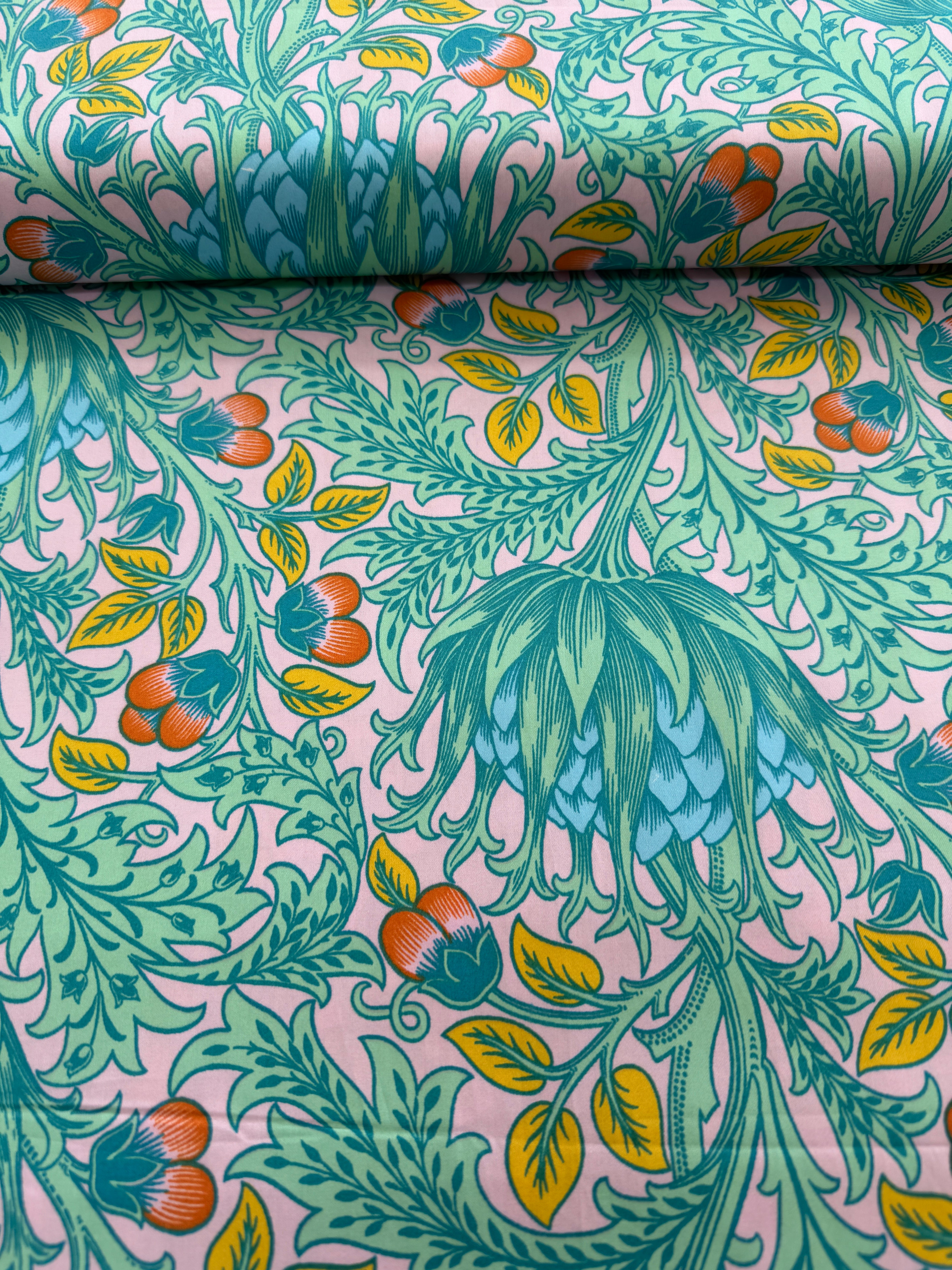 Artichoke – Lavender 108” quilt backing fabric featuring William Morris floral design reimagined by Kaffe Fassett in purple and lavender tones.