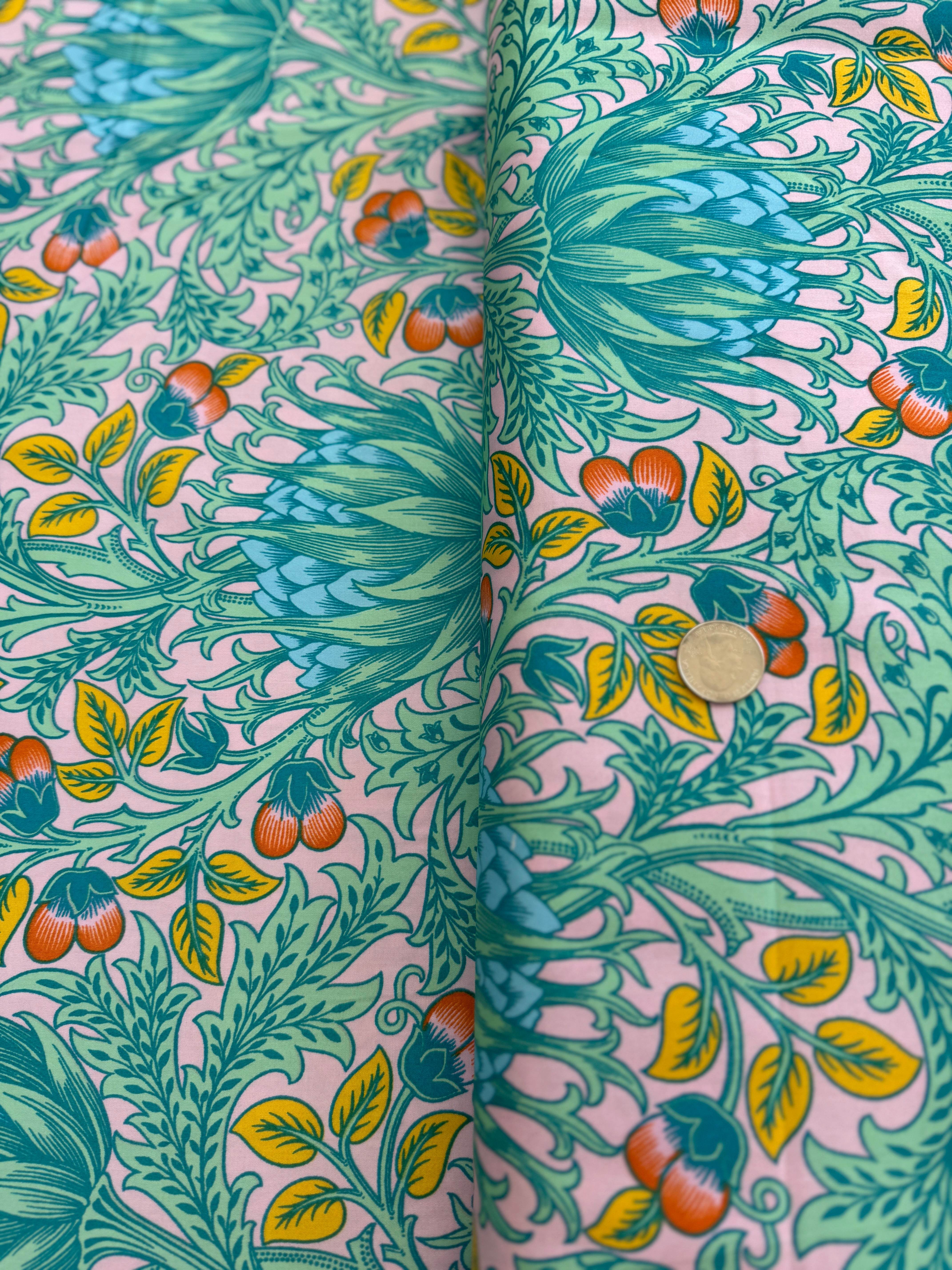 Artichoke – Lavender 108” quilt backing fabric featuring William Morris floral design reimagined by Kaffe Fassett in purple and lavender tones.