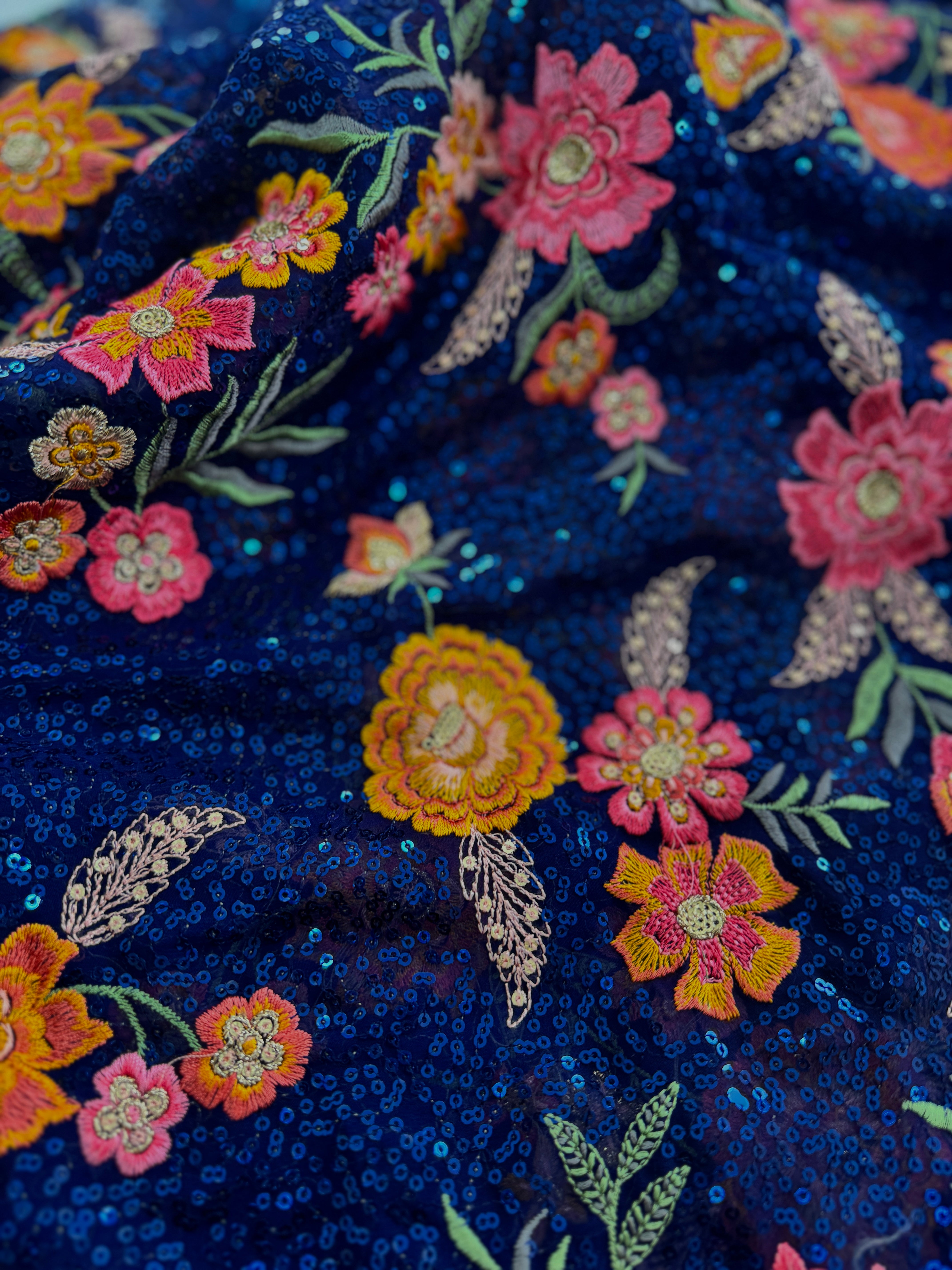 Embroidered Dark Blue Viscose Georgette Fabric with Sequins and Thread Work