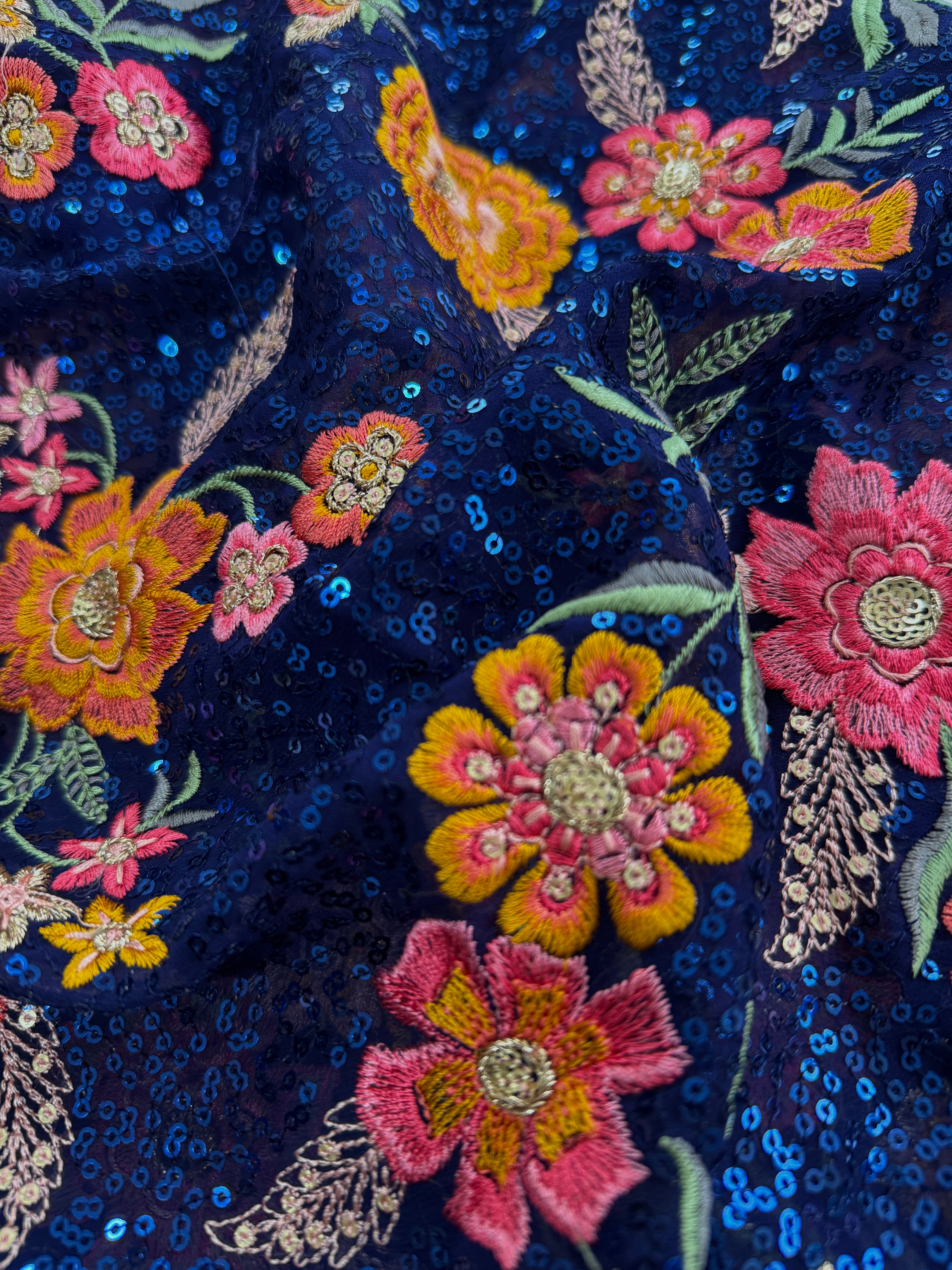 Embroidered Dark Blue Viscose Georgette Fabric with Sequins and Thread Work