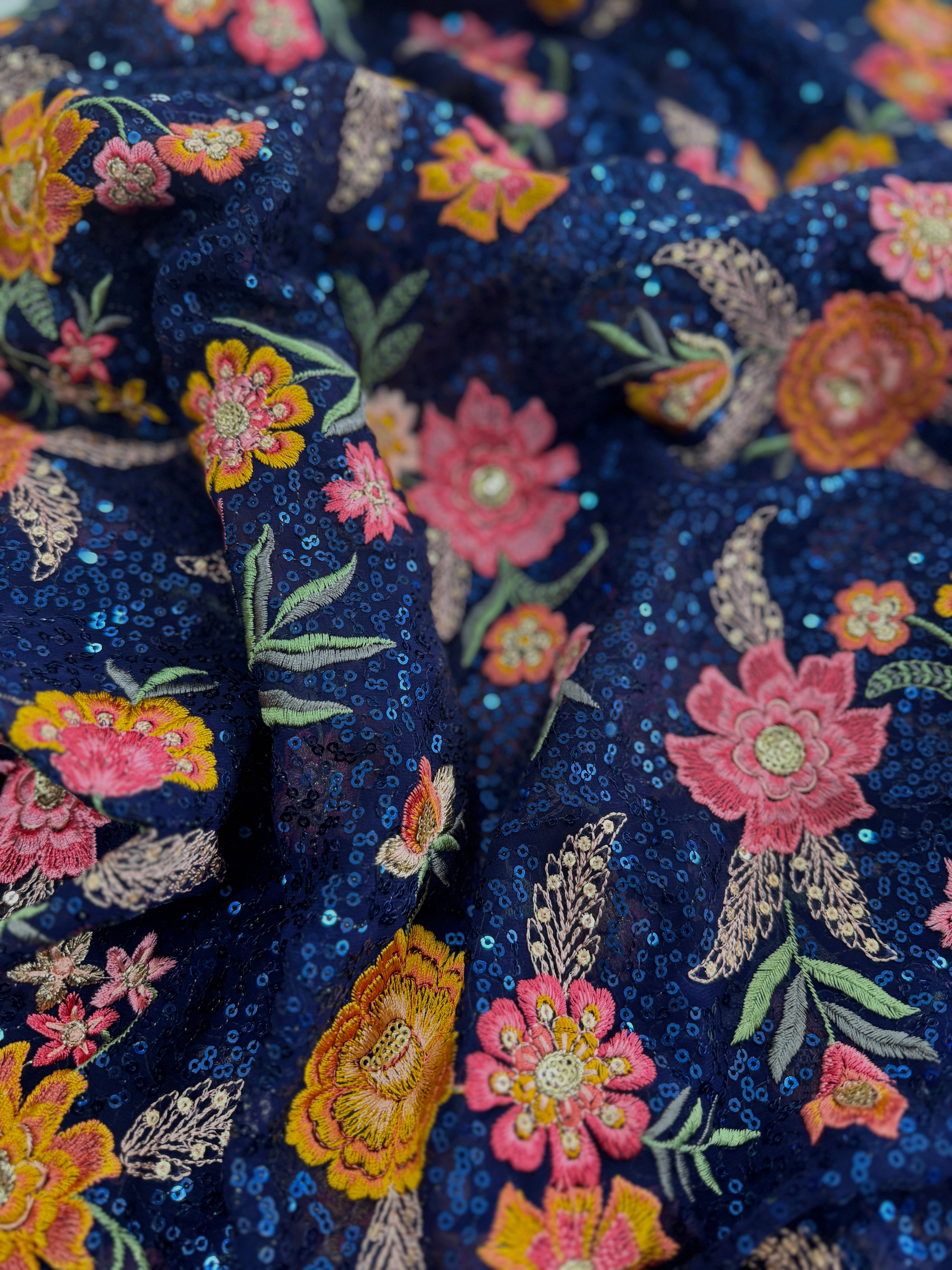 Embroidered Dark Blue Viscose Georgette Fabric with Sequins and Thread Work