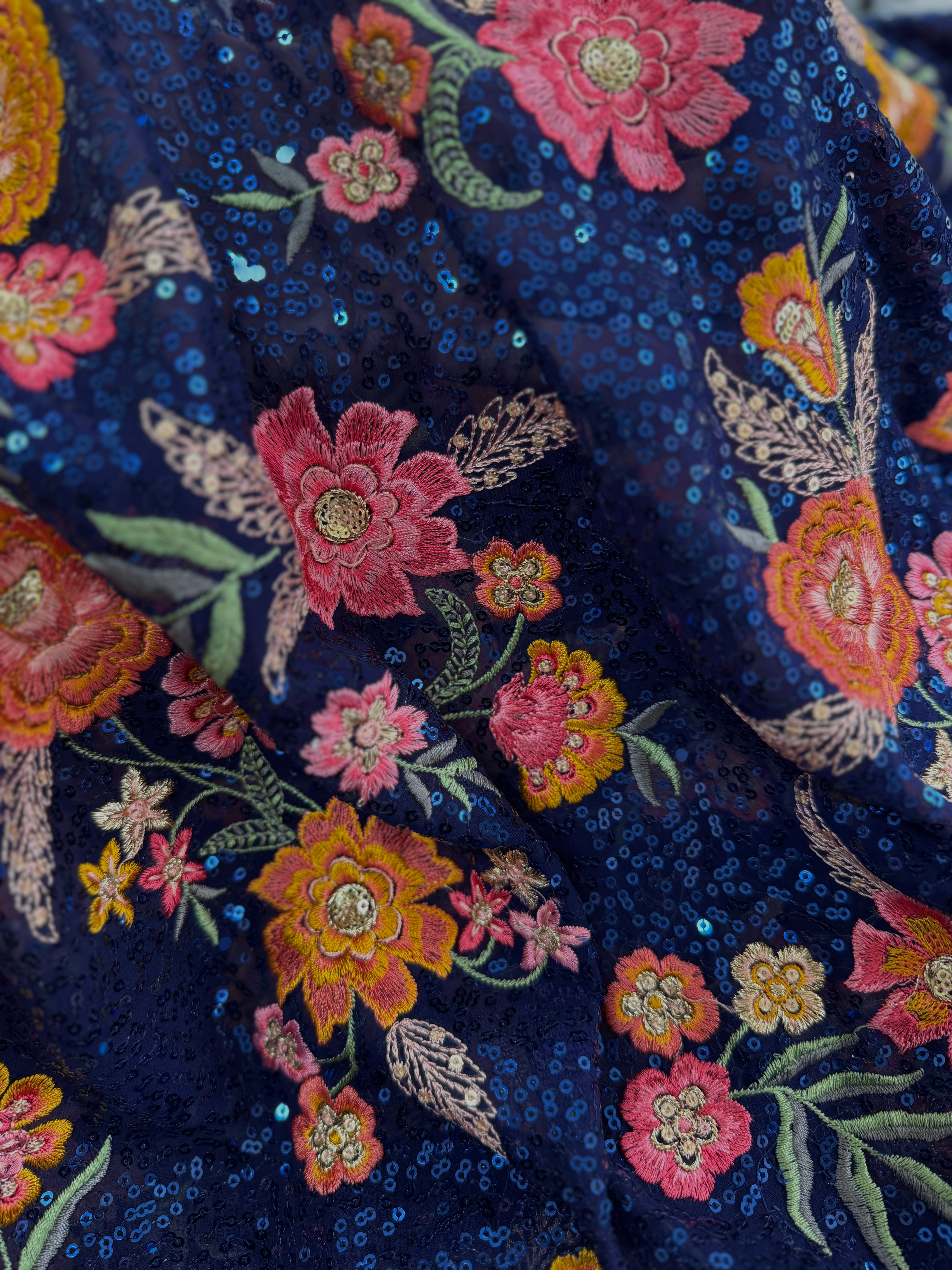 Embroidered Dark Blue Viscose Georgette Fabric with Sequins and Thread Work