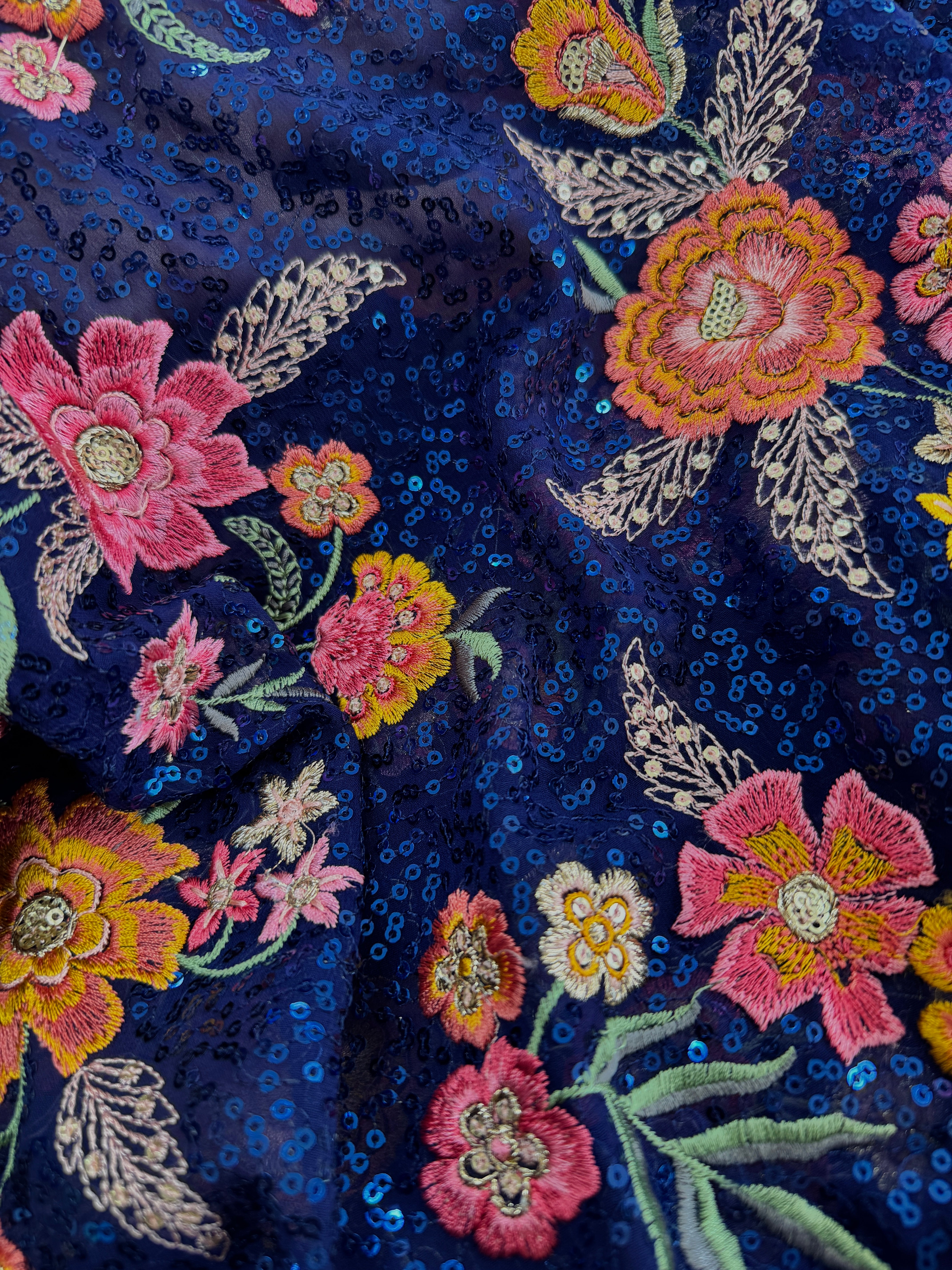 Embroidered Dark Blue Viscose Georgette Fabric with Sequins and Thread Work