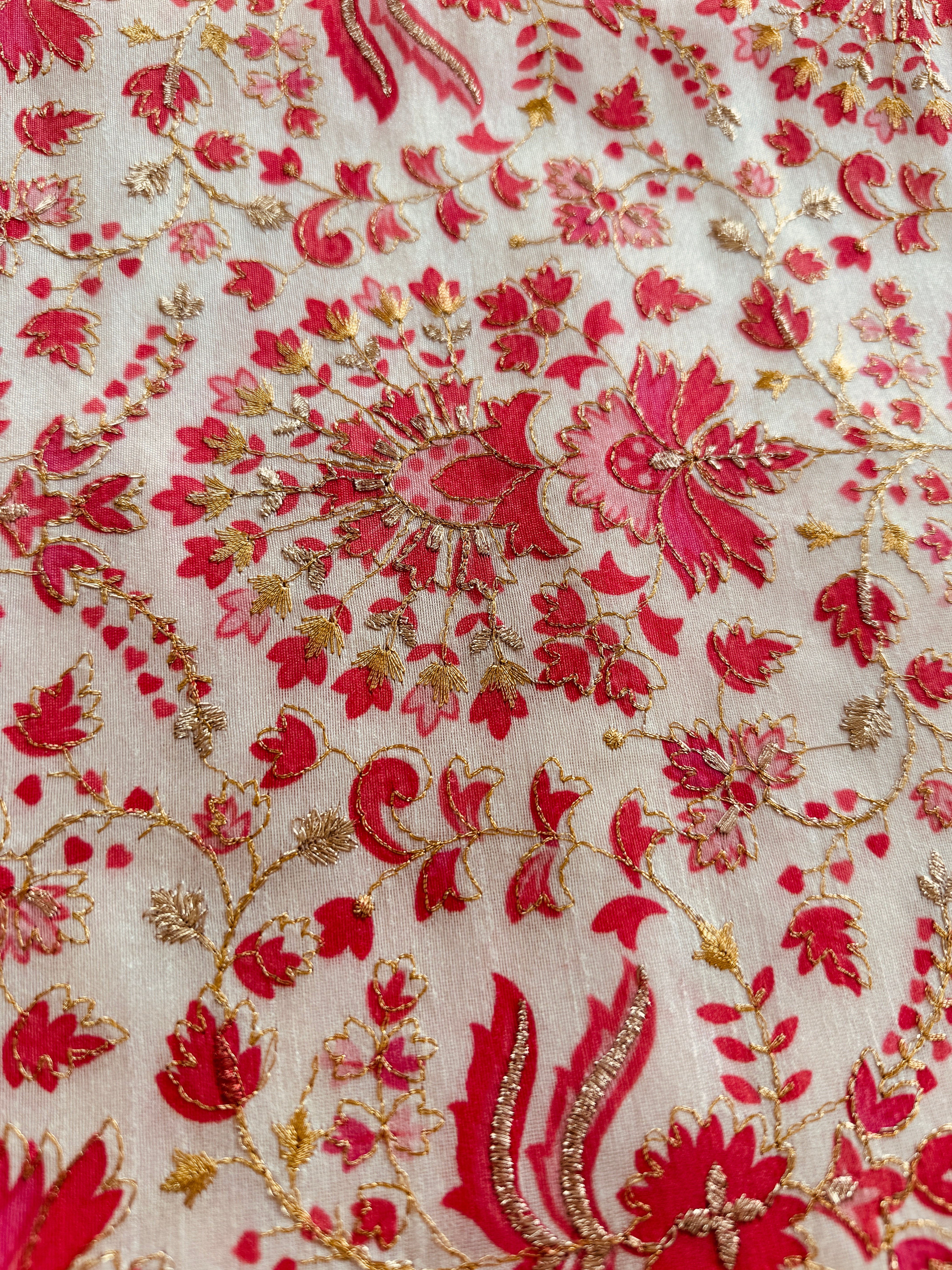 Rose Pink Artificial Silk Screen Print with Gold Thread Embroidery/Lustrous Fabric