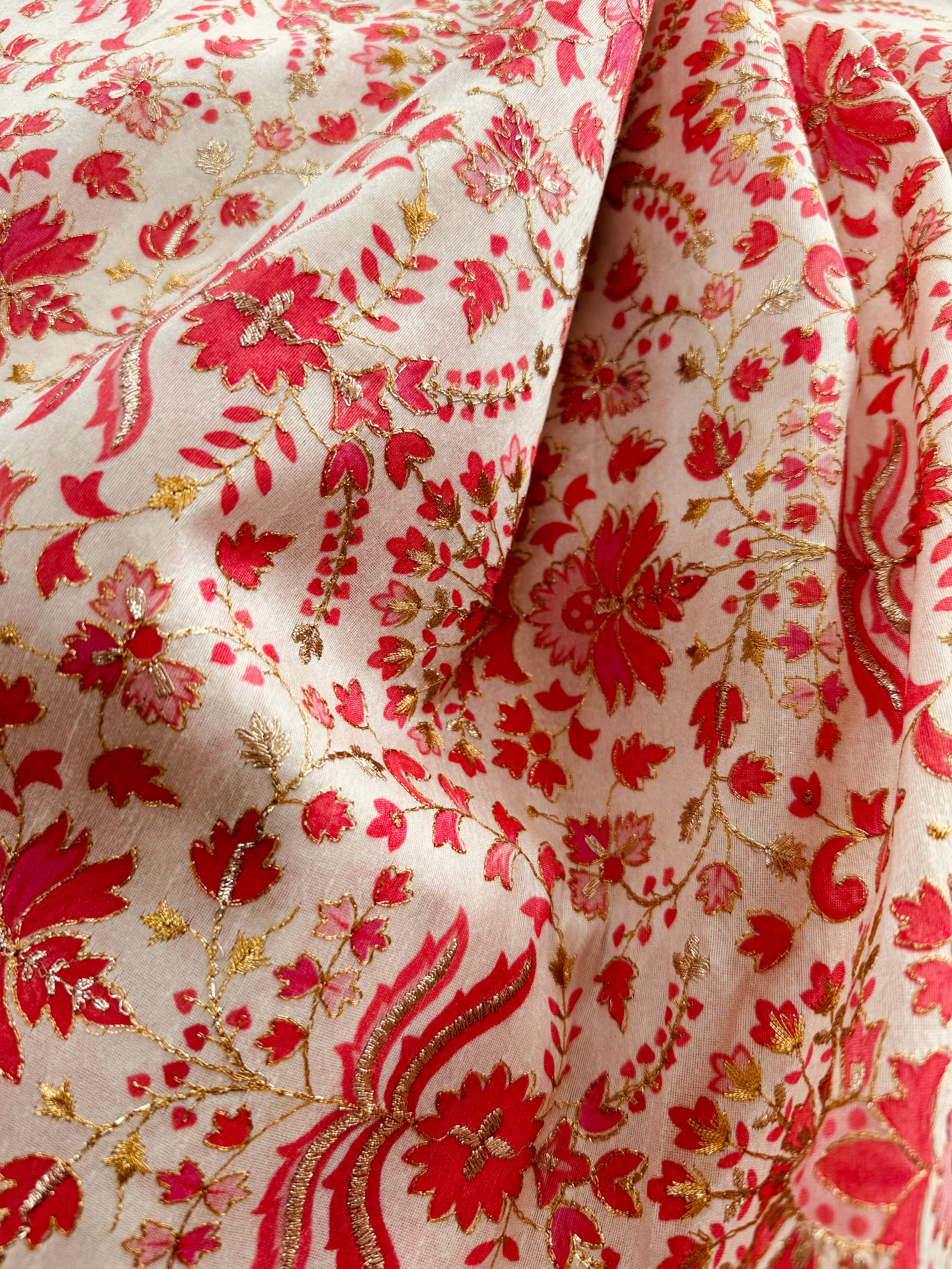 Rose Pink Artificial Silk Screen Print with Gold Thread Embroidery/Lustrous Fabric