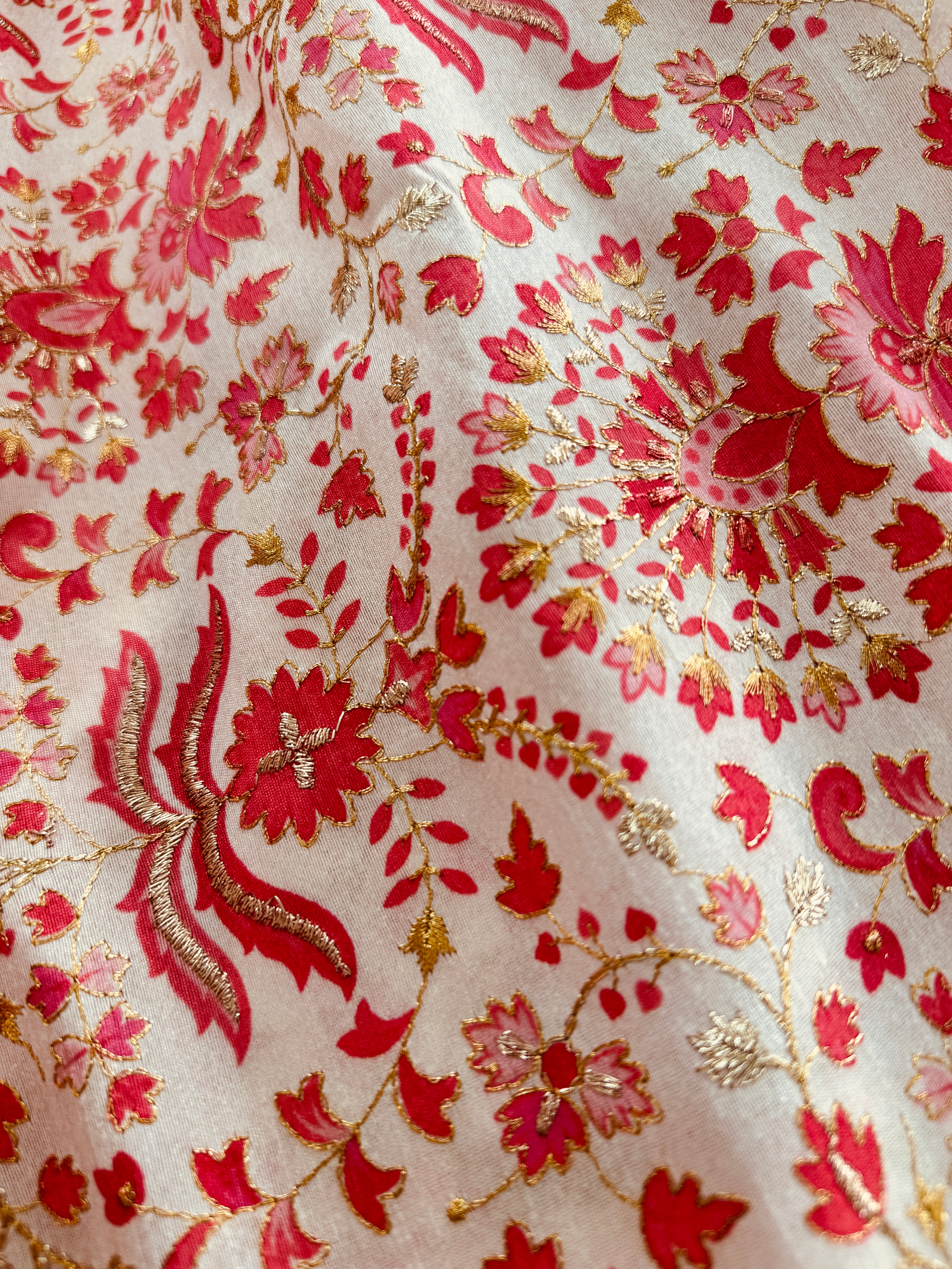 Rose Pink Artificial Silk Screen Print with Gold Thread Embroidery/Lustrous Fabric