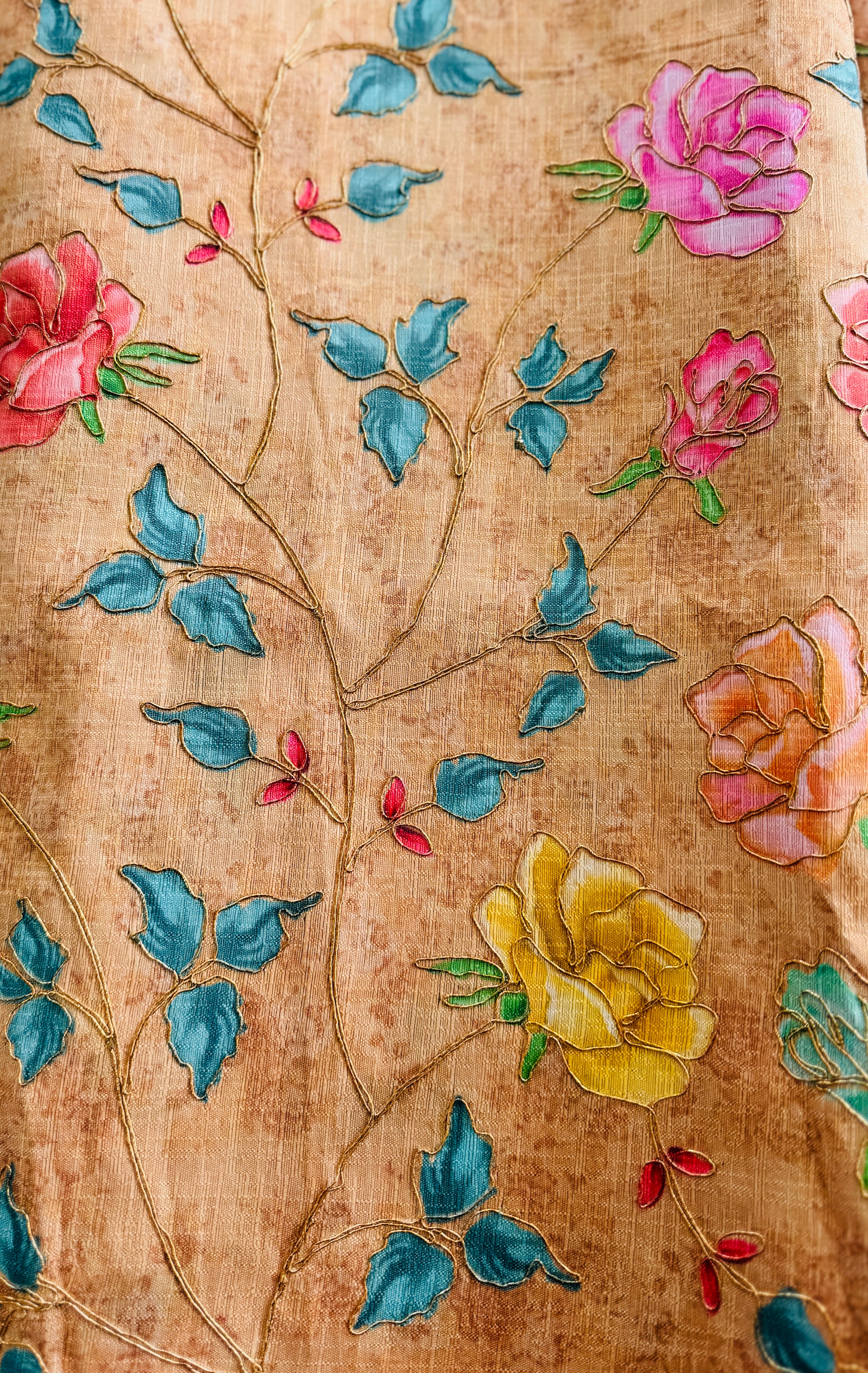 Artificial Silk Roses Print with Gold Thread Embroidery - Remnant