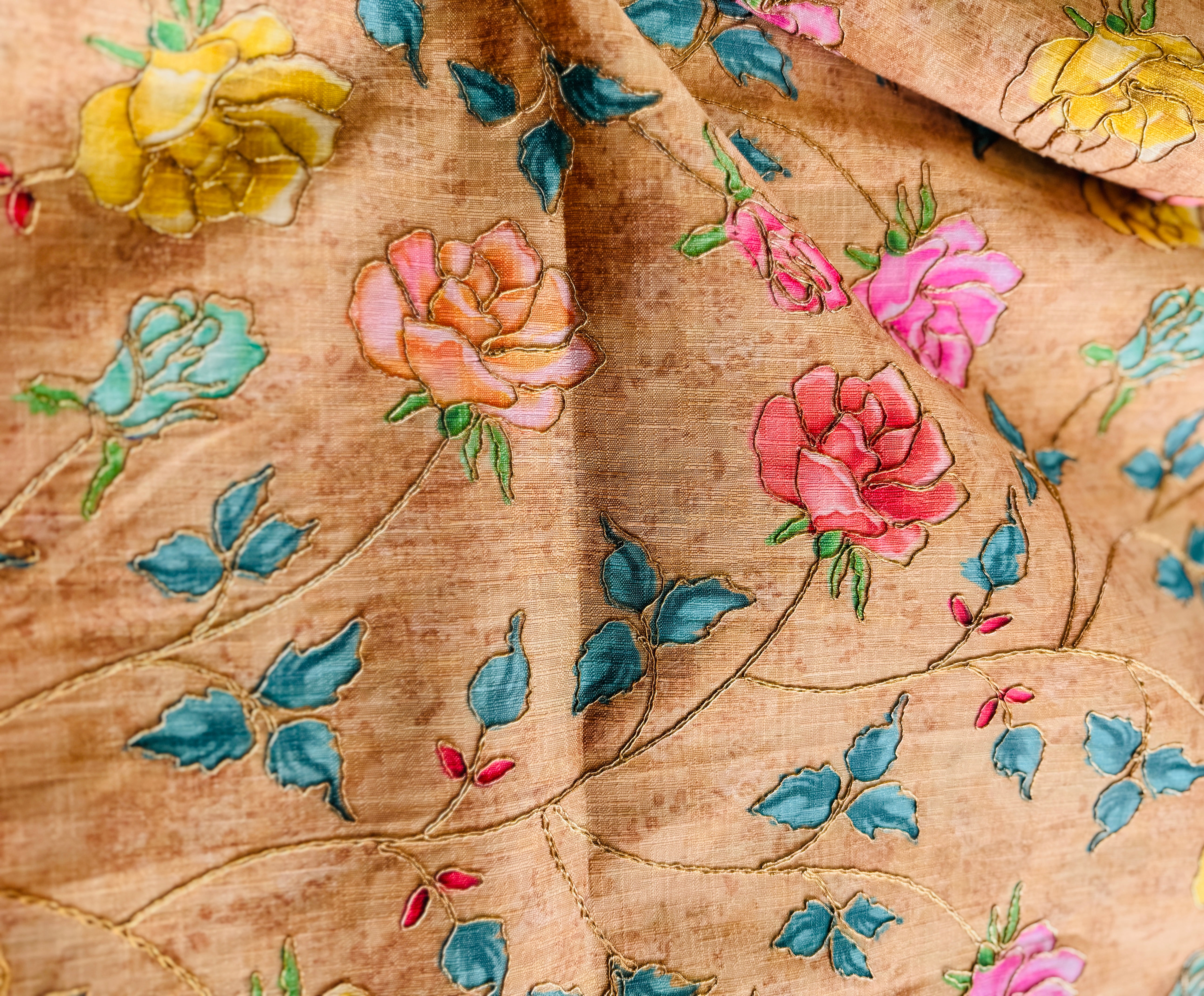 Artificial Silk Roses Print with Gold Thread Embroidery - Remnant
