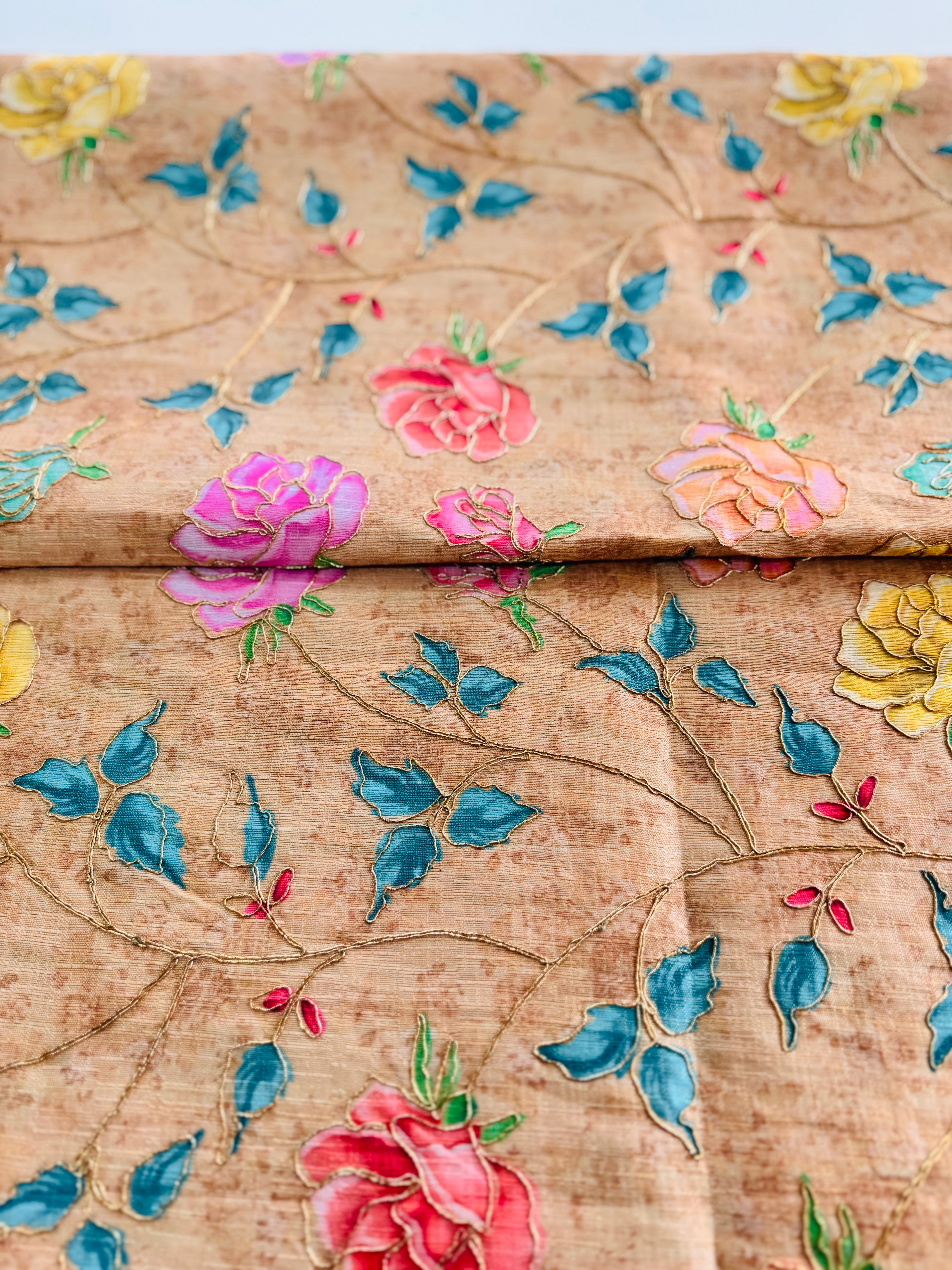 Artificial Silk Roses Print with Gold Thread Embroidery - Remnant