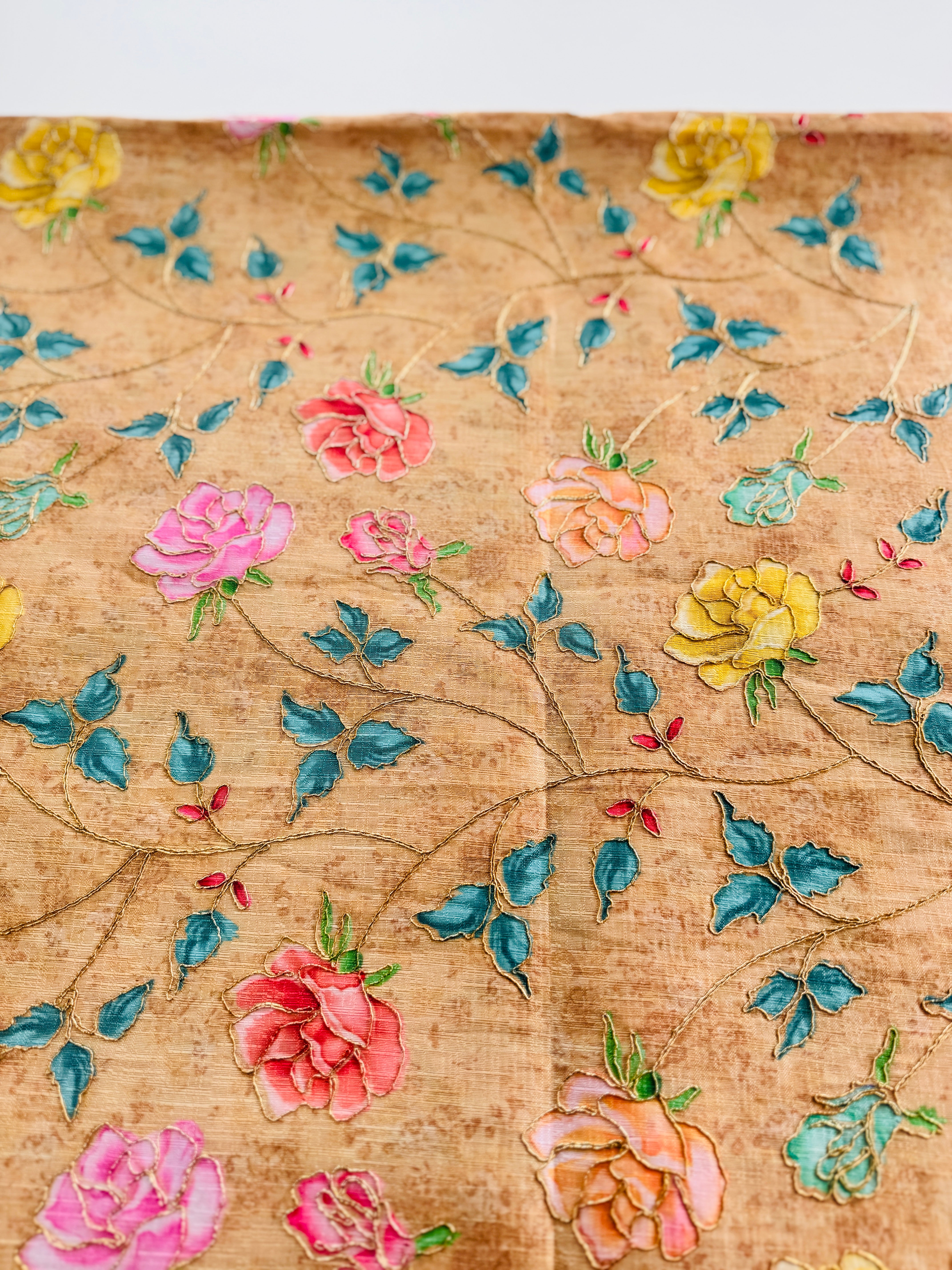 Artificial Silk Roses Print with Gold Thread Embroidery - Remnant