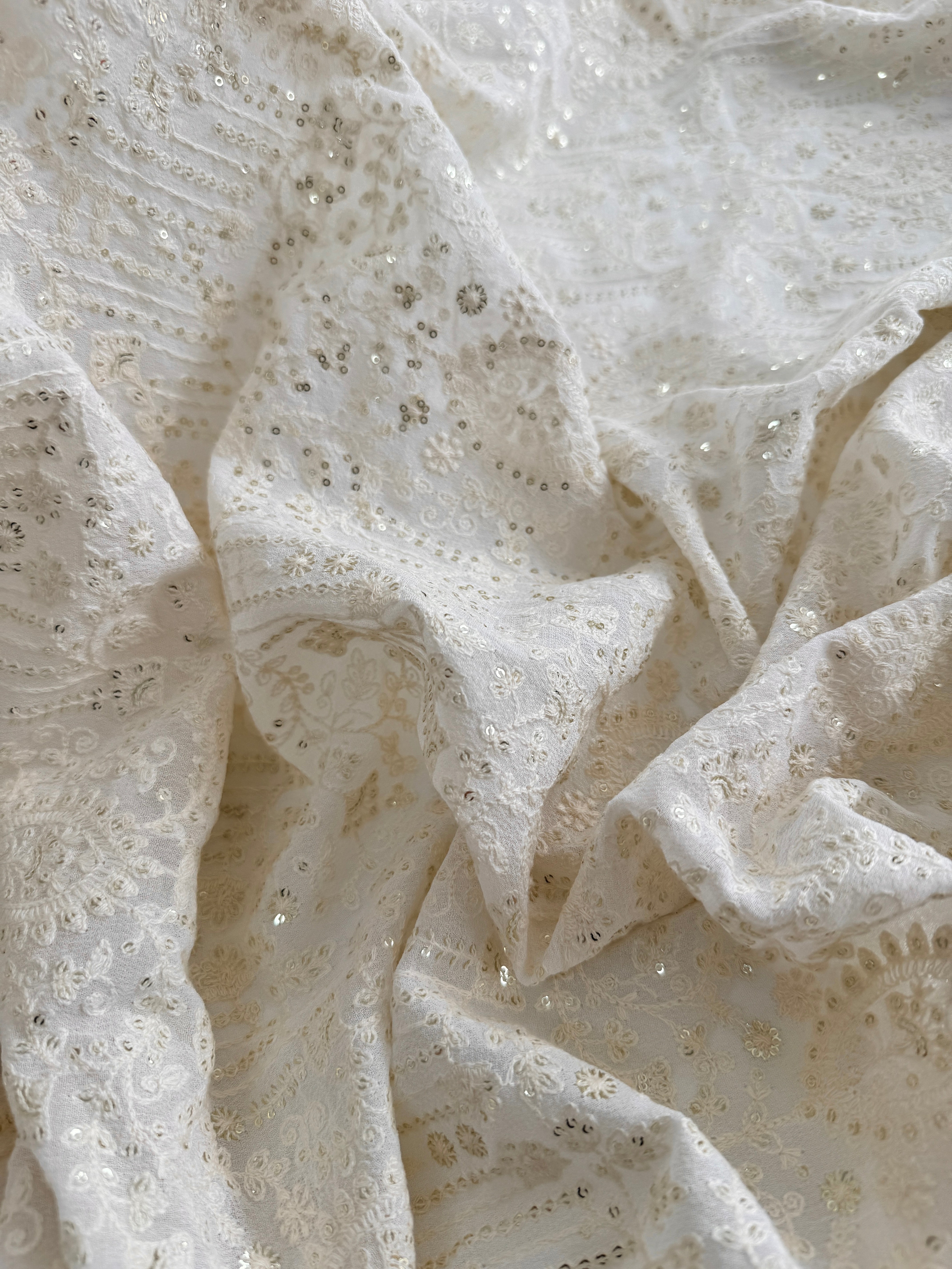 Cream Viscose Georgette Embroidered Fabric With Sequins and Thread Work