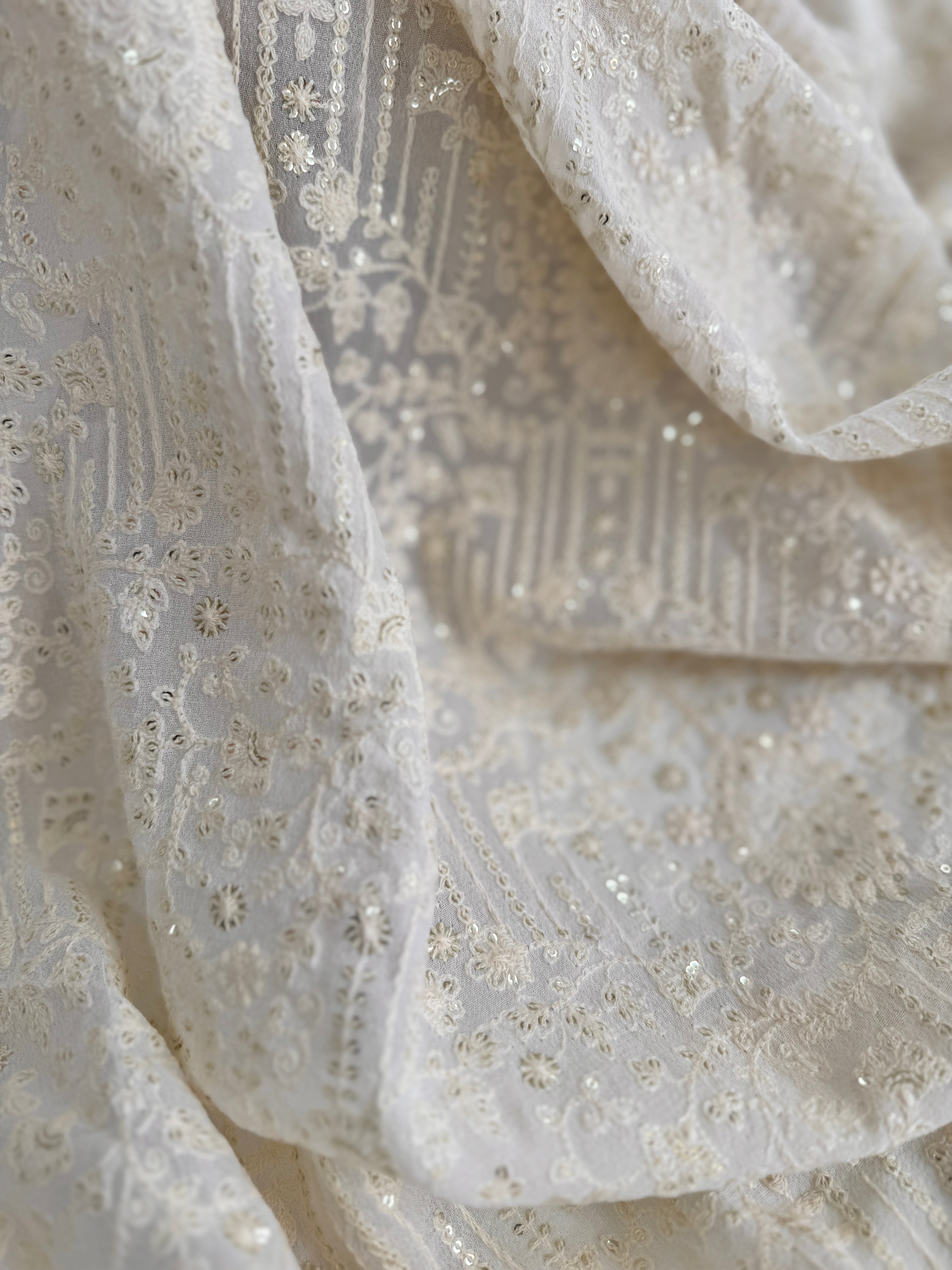 Cream Viscose Georgette Embroidered Fabric With Sequins and Thread Work